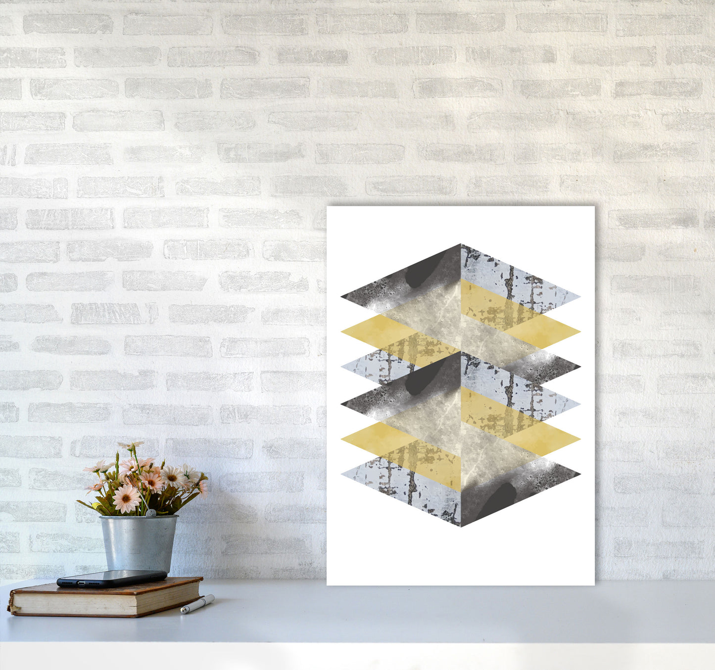 Scuff, Yellow And Grey Abstract Triangles Modern Print A2 Black Frame