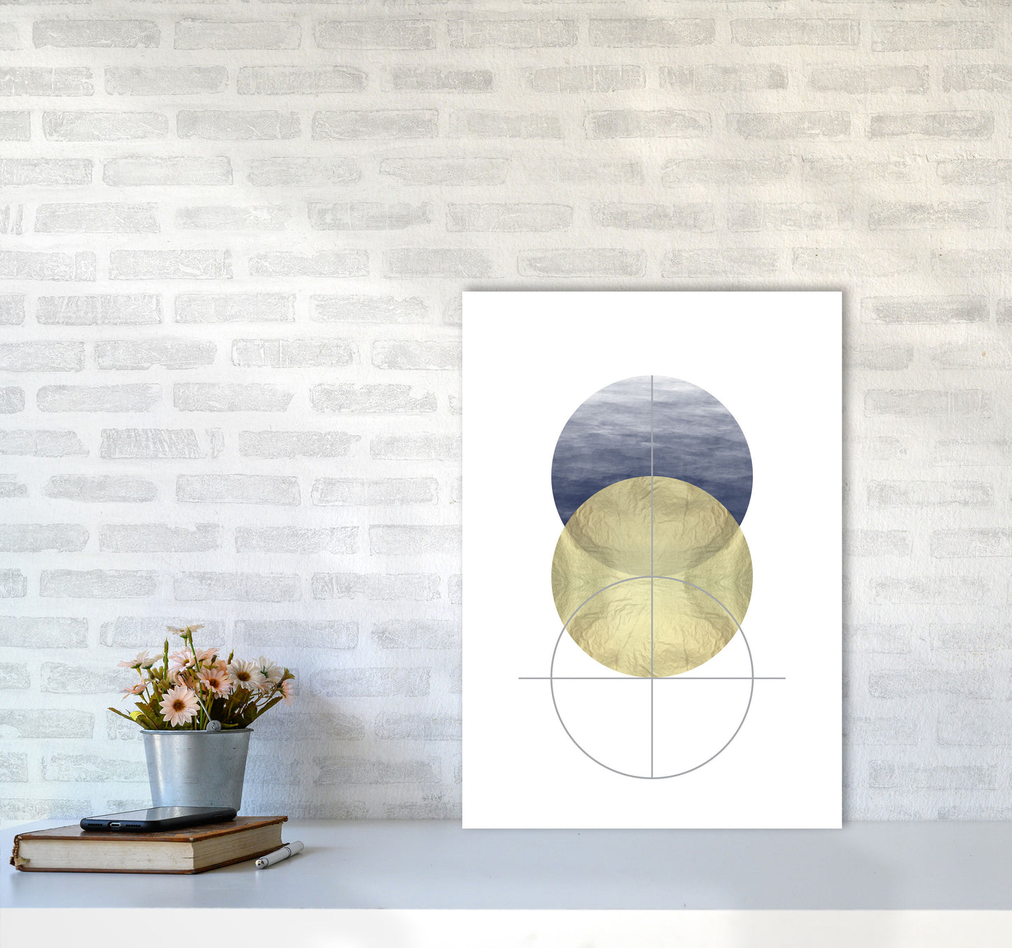 Navy And Gold Abstract Circles Modern Print A2 Black Frame