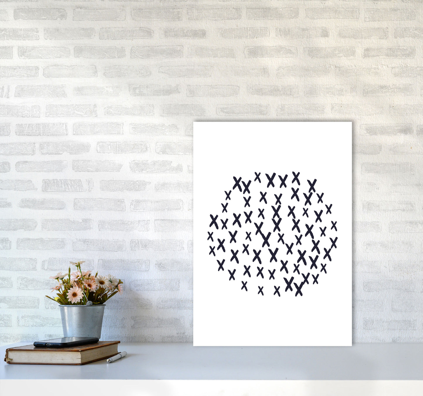 Black Crosses Circle Abstract Modern Print A2 Black Frame
