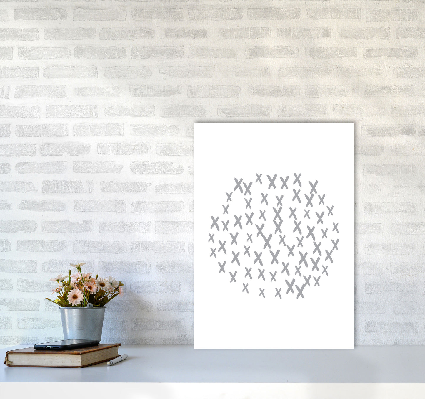 Grey Crosses Circle Abstract Modern Print A2 Black Frame