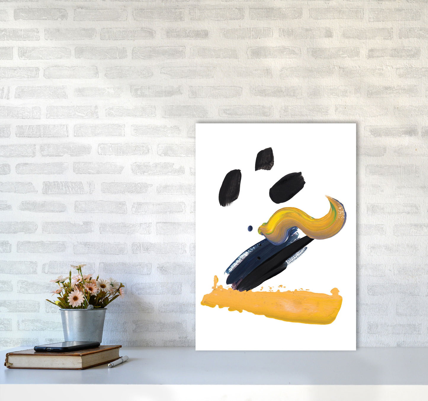 Mustard And Black Abstract Paint Strokes Modern Print A2 Black Frame