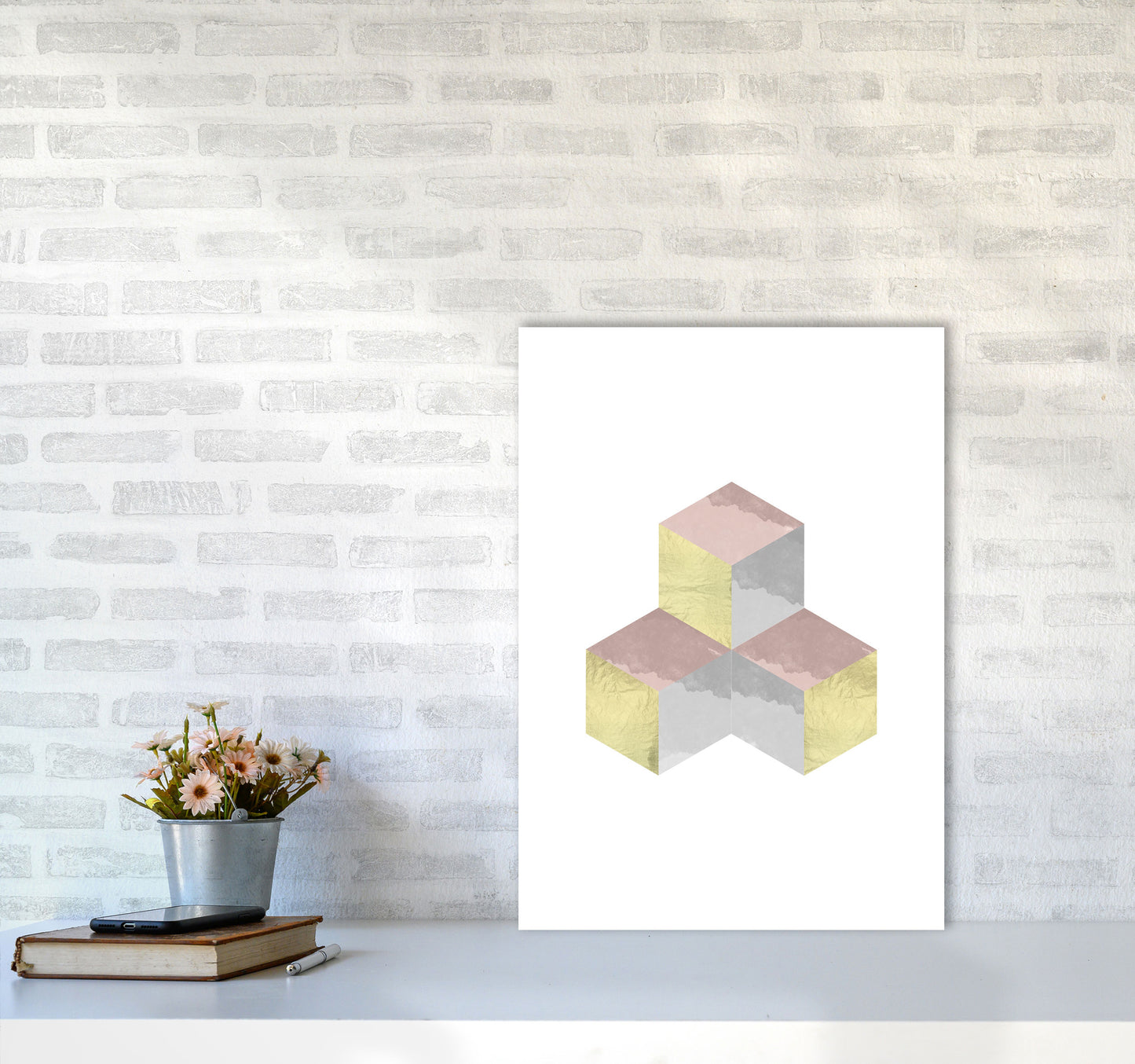 Gold, Pink And Grey Abstract Cubes Modern Print A2 Black Frame