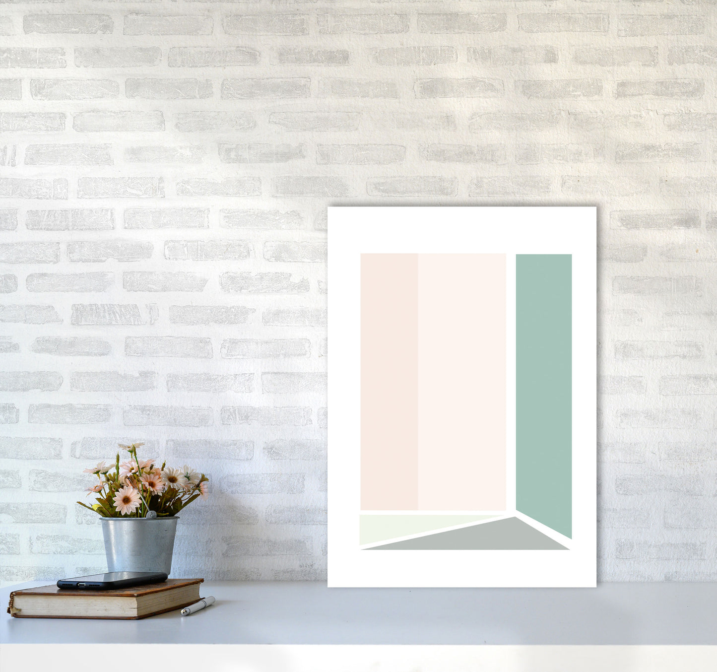 Peach, Green And Grey Abstract Rectangle Modern Print A2 Black Frame