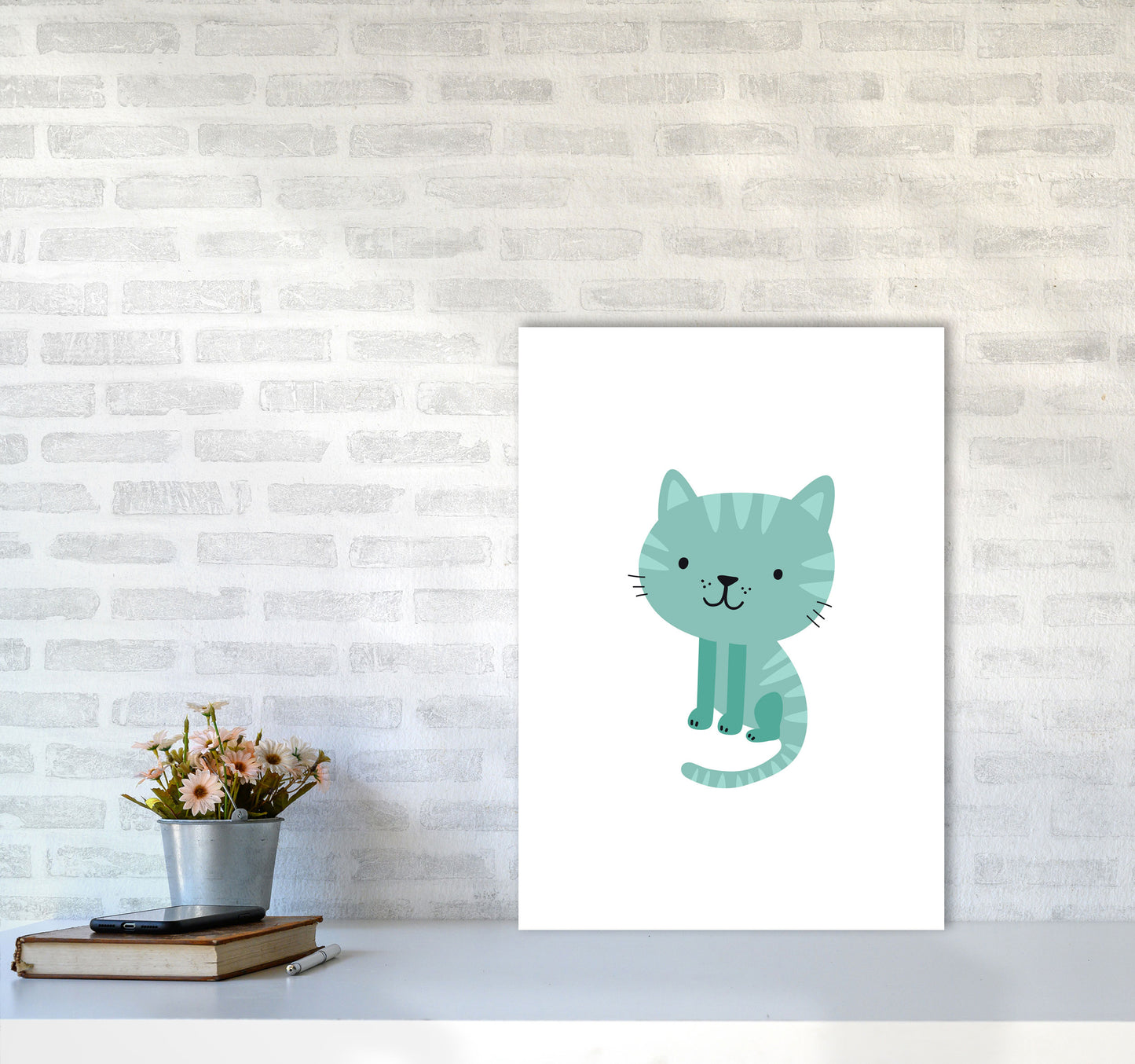Children's Animals, Cat Modern Print A2 Black Frame
