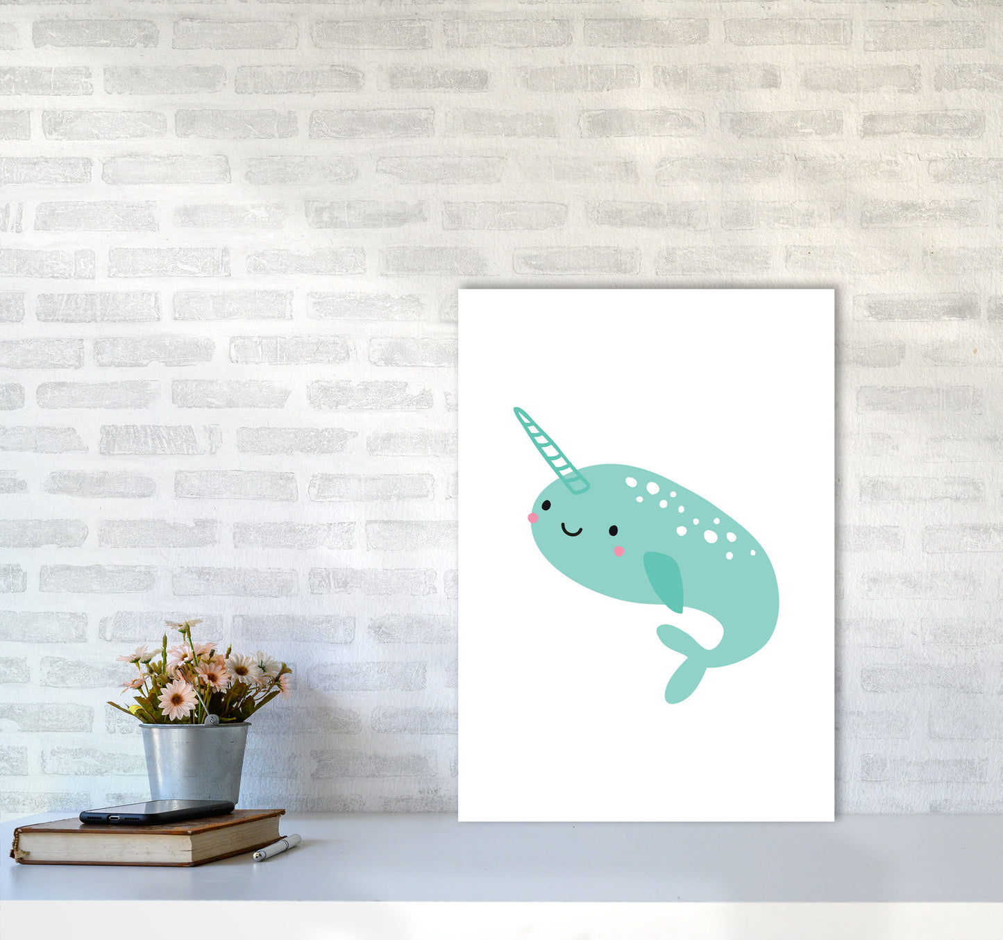 Children's Animals, Narwhal Modern Print A2 Black Frame