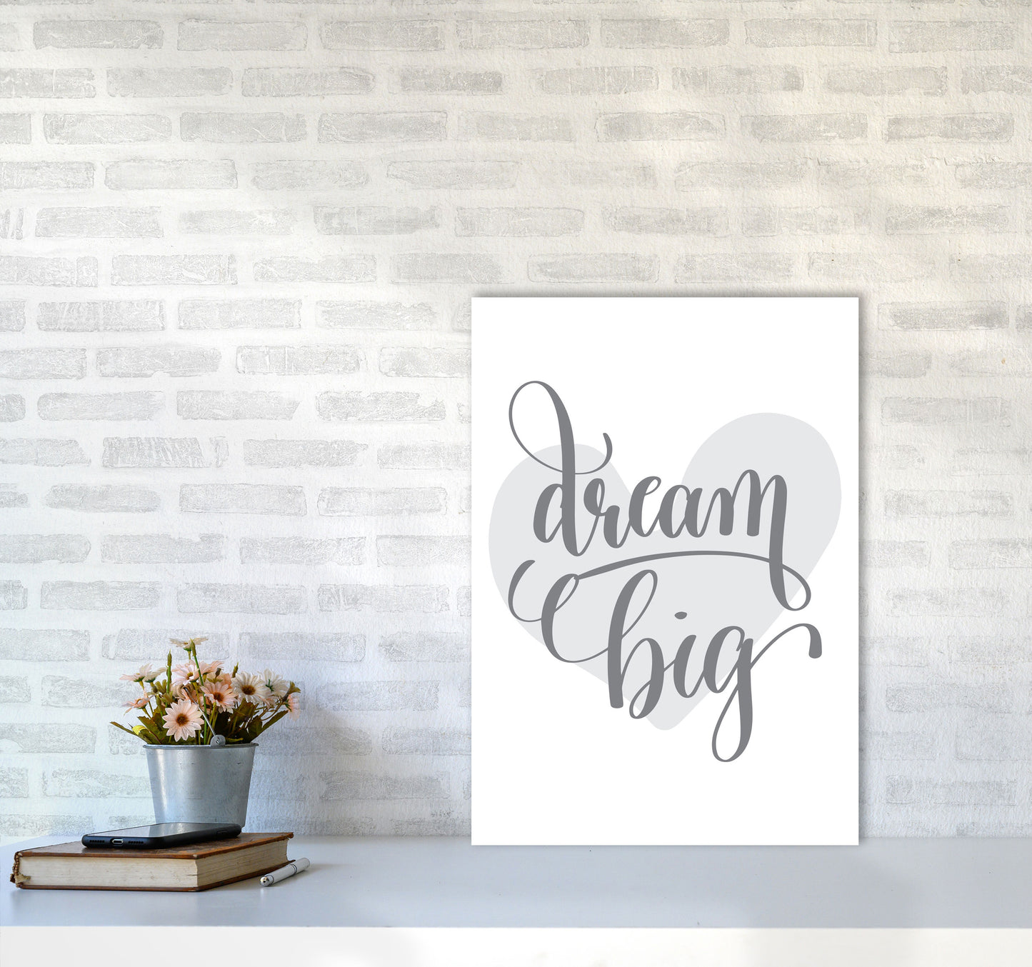 Dream Big Grey Heart Framed Nursey Wall Art Print A2 Black Frame