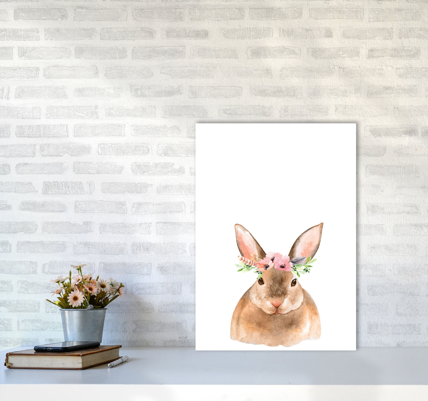 Forest Friends, Floral Cute Bunny Modern Print Animal Art Print A2 Black Frame