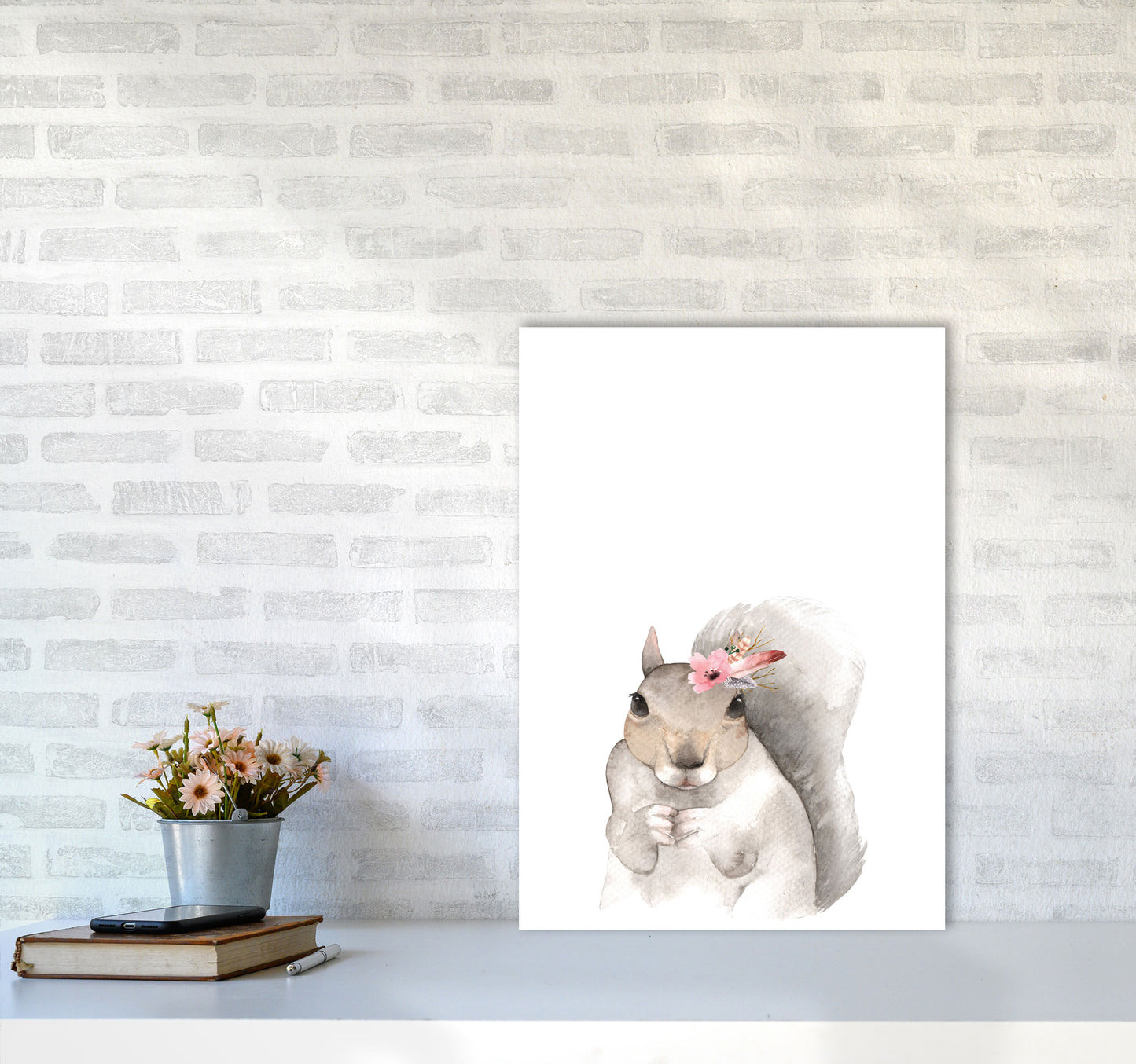 Forest Friends, Floral Cute Squirrel Modern Print Animal Art Print A2 Black Frame