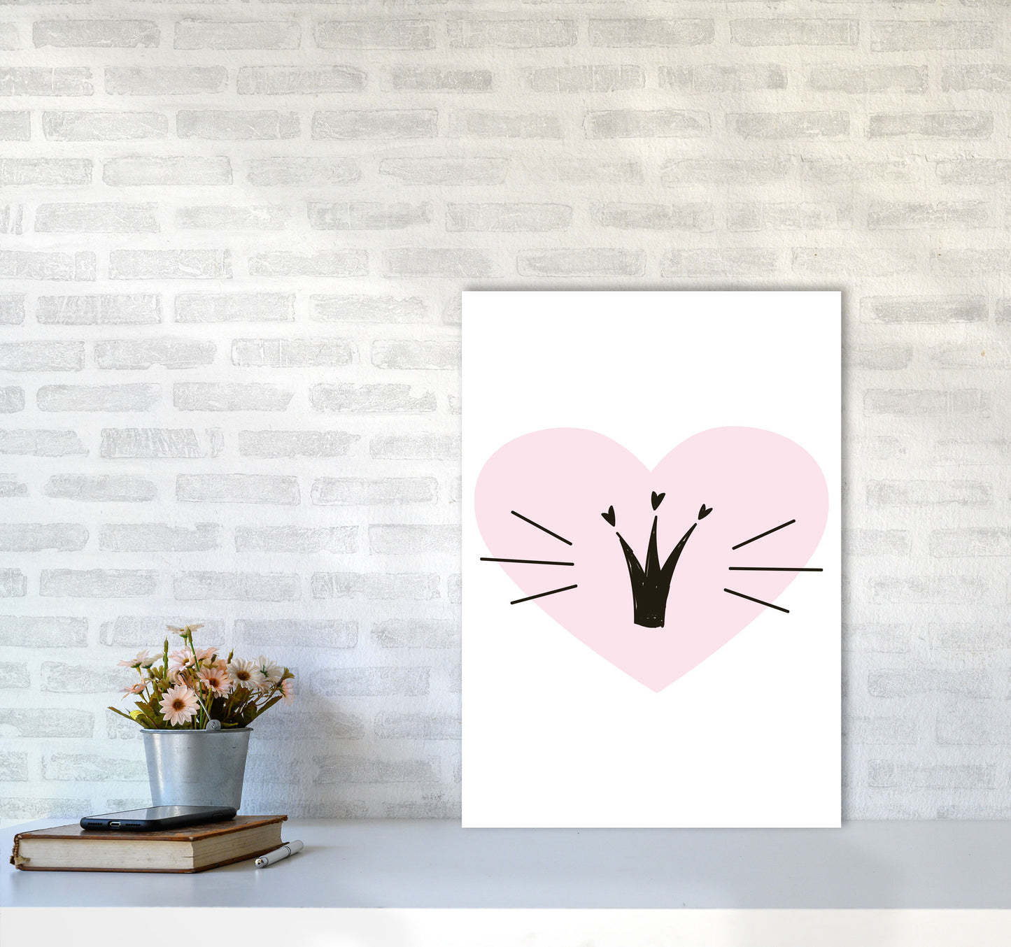 Crown With Pink Heart Framed Nursey Wall Art Print A2 Black Frame