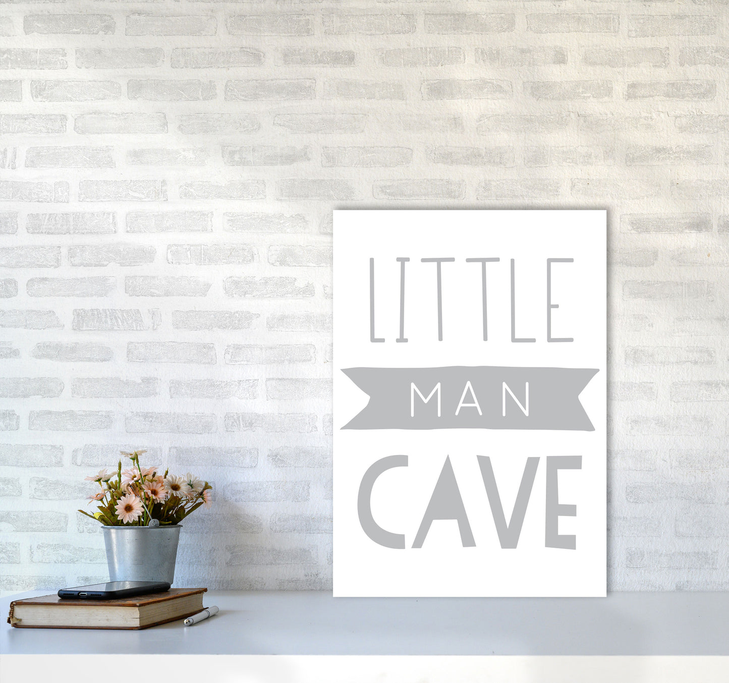 Little Man Cave Grey Banner Framed Nursey Wall Art Print A2 Black Frame