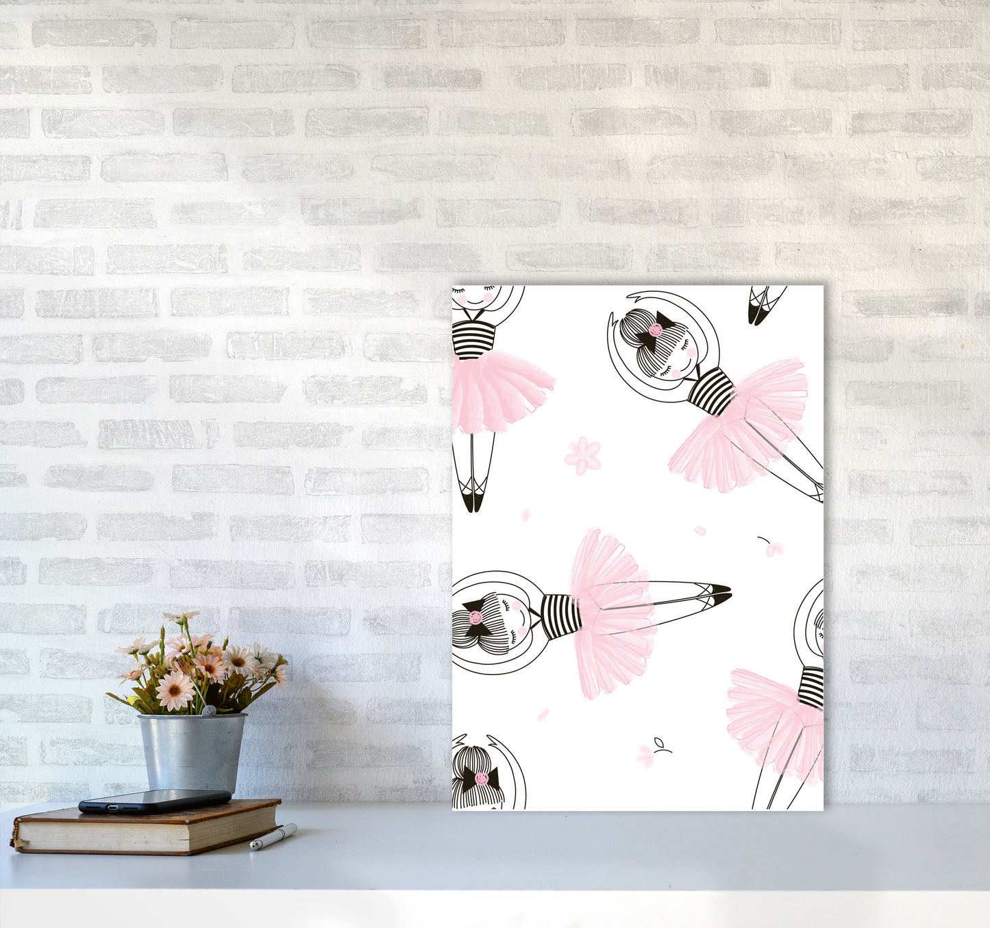 Ballerina Repeat Pattern Framed Nursey Wall Art Print A2 Black Frame