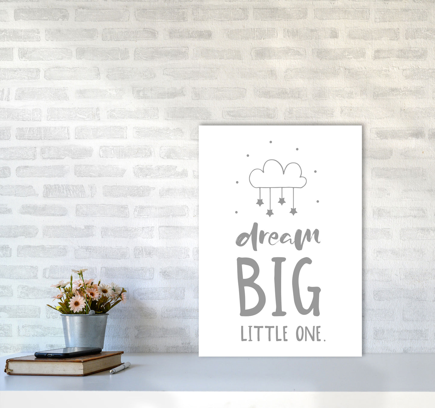 Dream Big Little One Grey Framed Nursey Wall Art Print A2 Black Frame