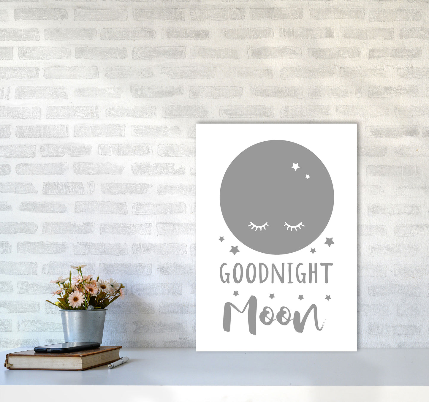Goodnight Moon Grey Framed Nursey Wall Art Print A2 Black Frame
