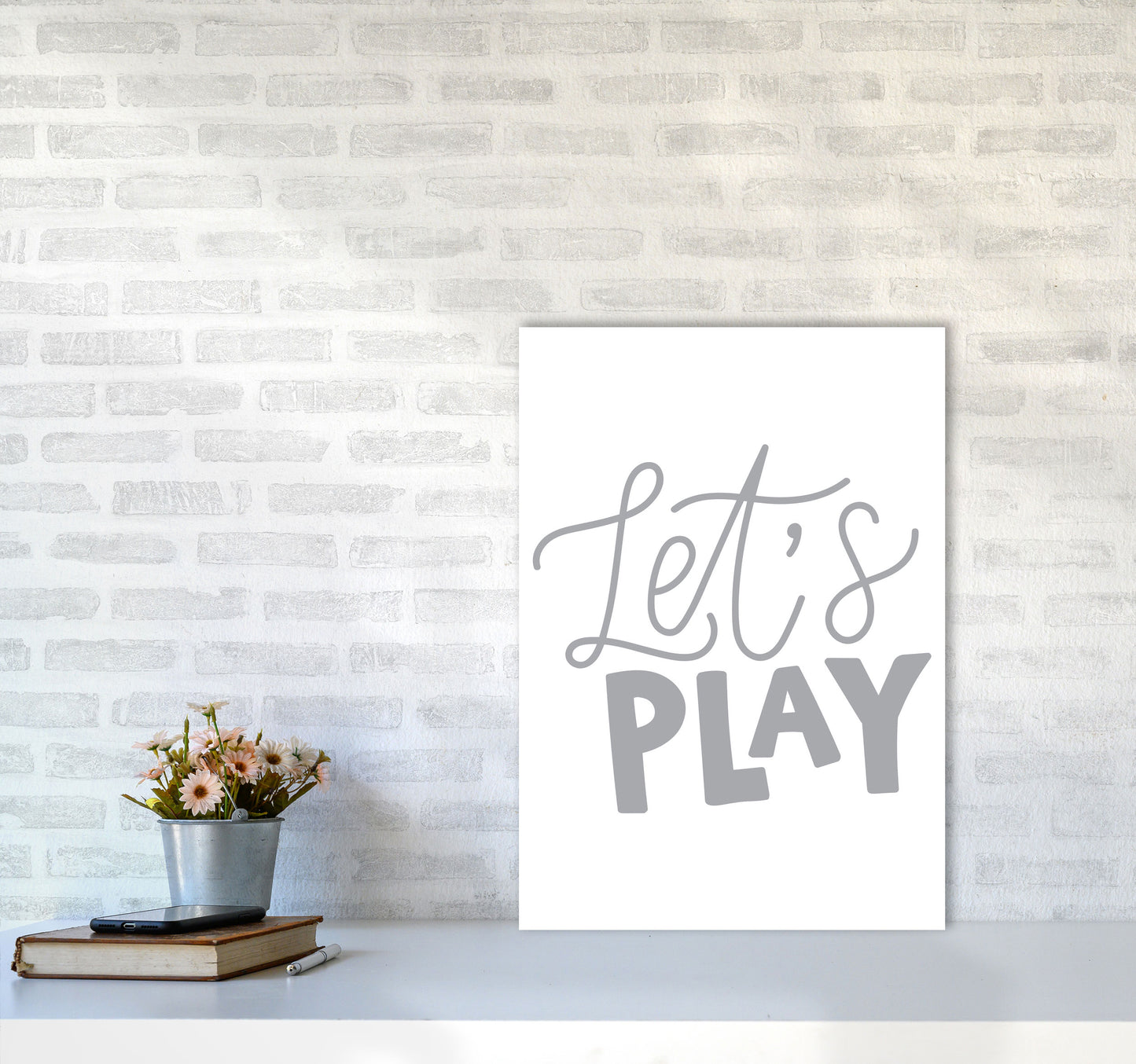 Let's Play Grey Framed Typography Wall Art Print A2 Black Frame
