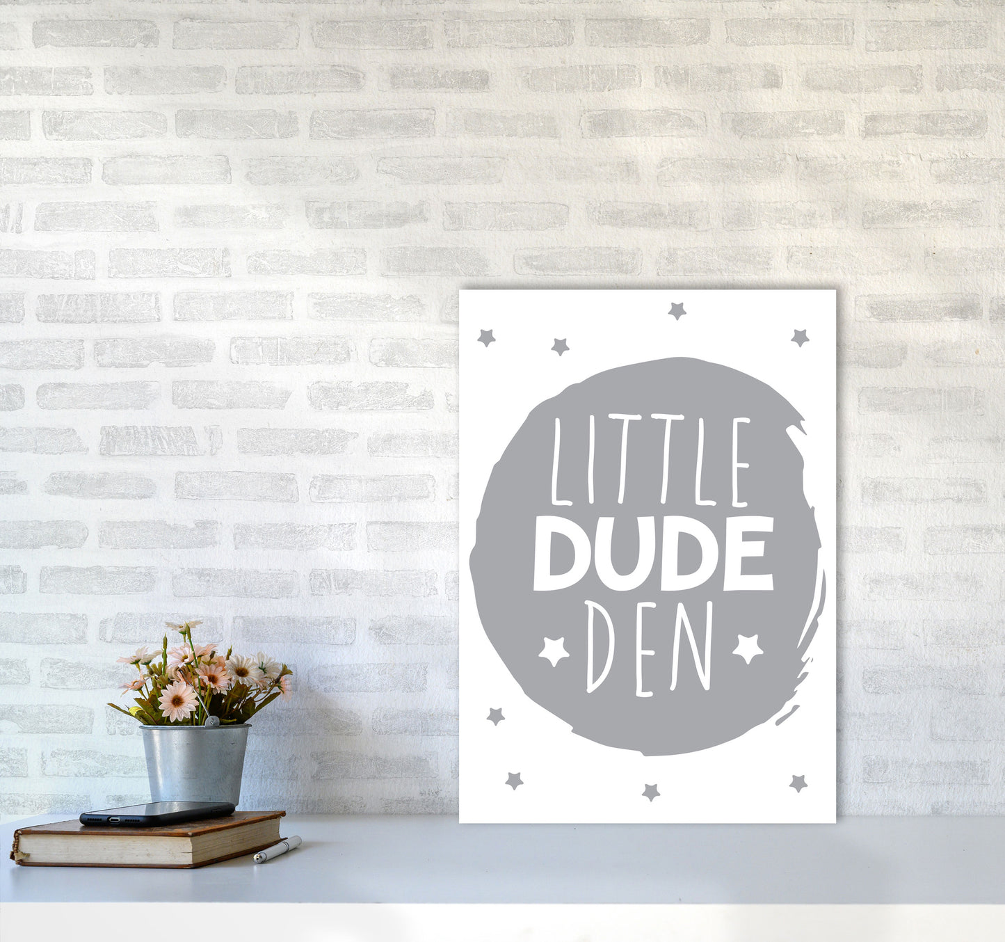 Little Dude Den Grey Circle Framed Nursey Wall Art Print A2 Black Frame