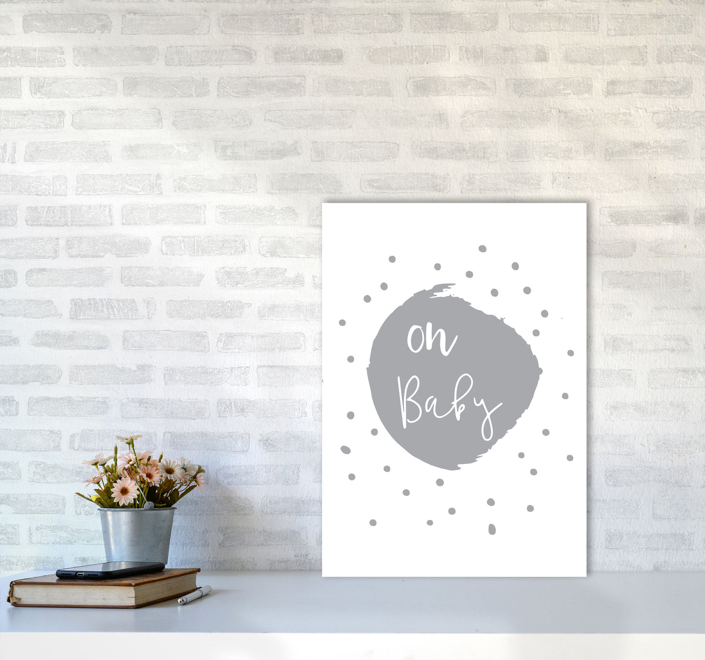 Oh Baby Grey Framed Typography Wall Art Print A2 Black Frame