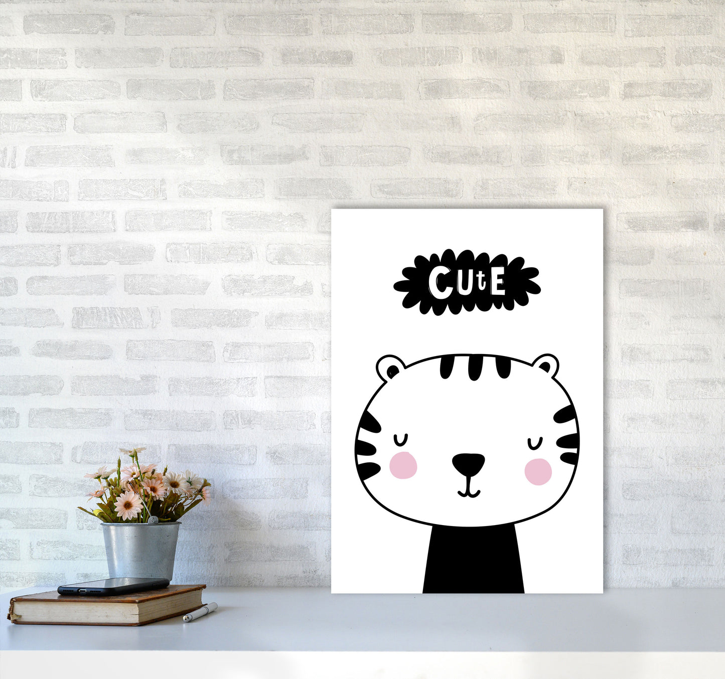 Cute Scandi Tiger Modern Print Animal Art Print A2 Black Frame