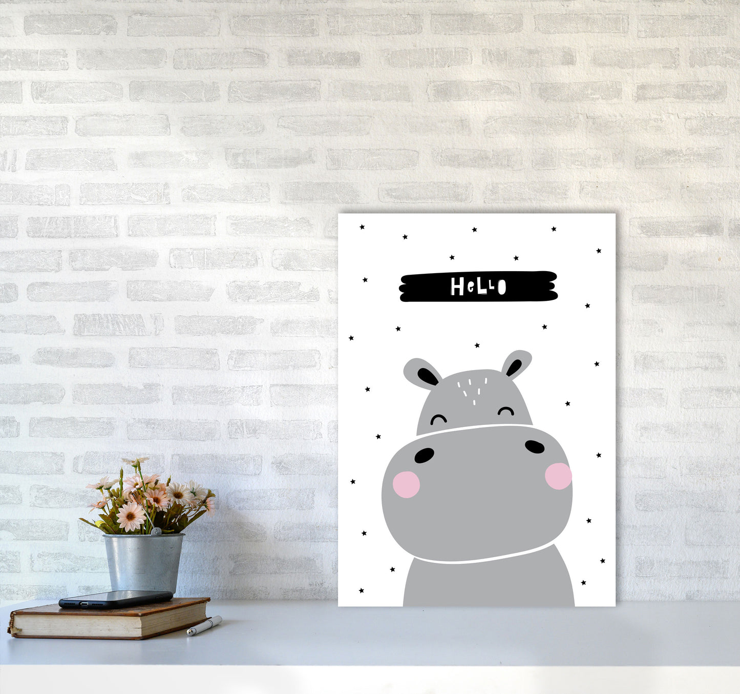 Hello Hippo Modern Print Animal Art Print A2 Black Frame