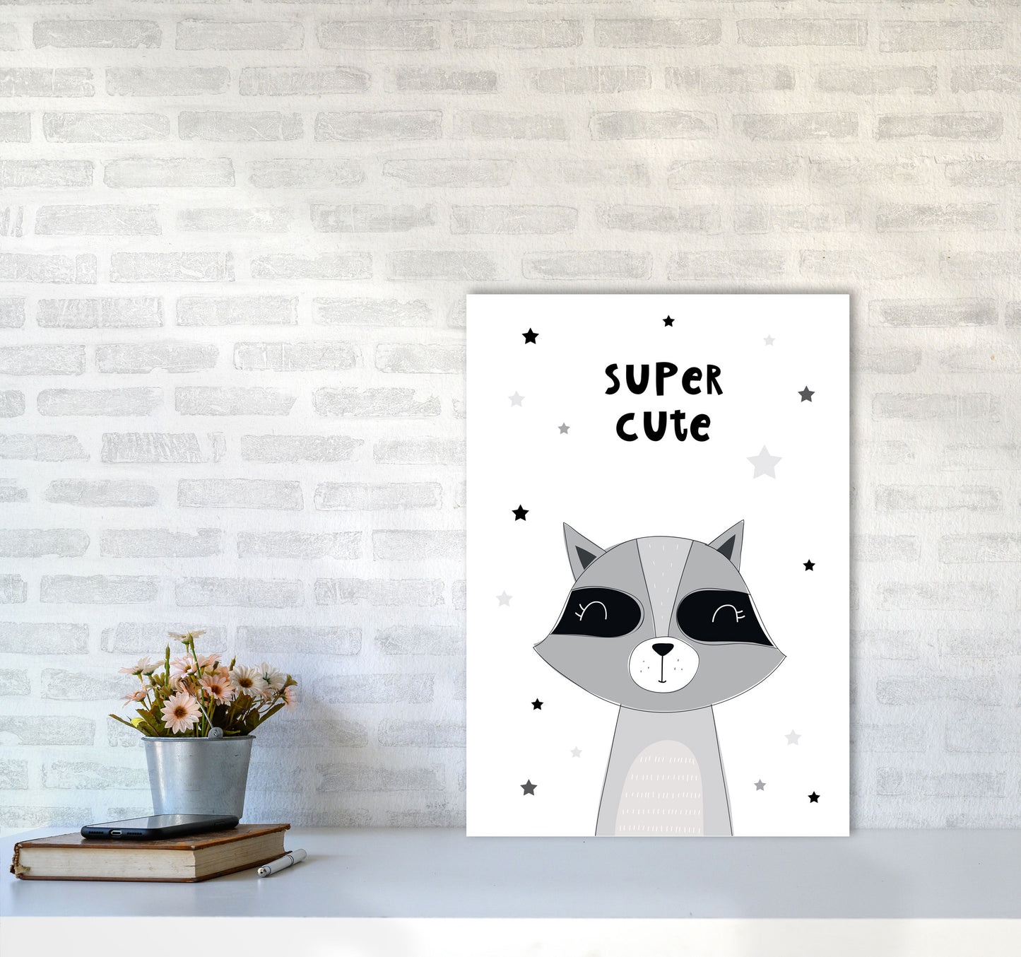 Super Cute Raccoon Framed Nursey Wall Art Print A2 Black Frame
