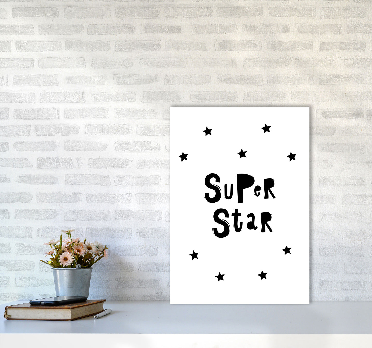 Super Star Scandi Framed Nursey Wall Art Print A2 Black Frame