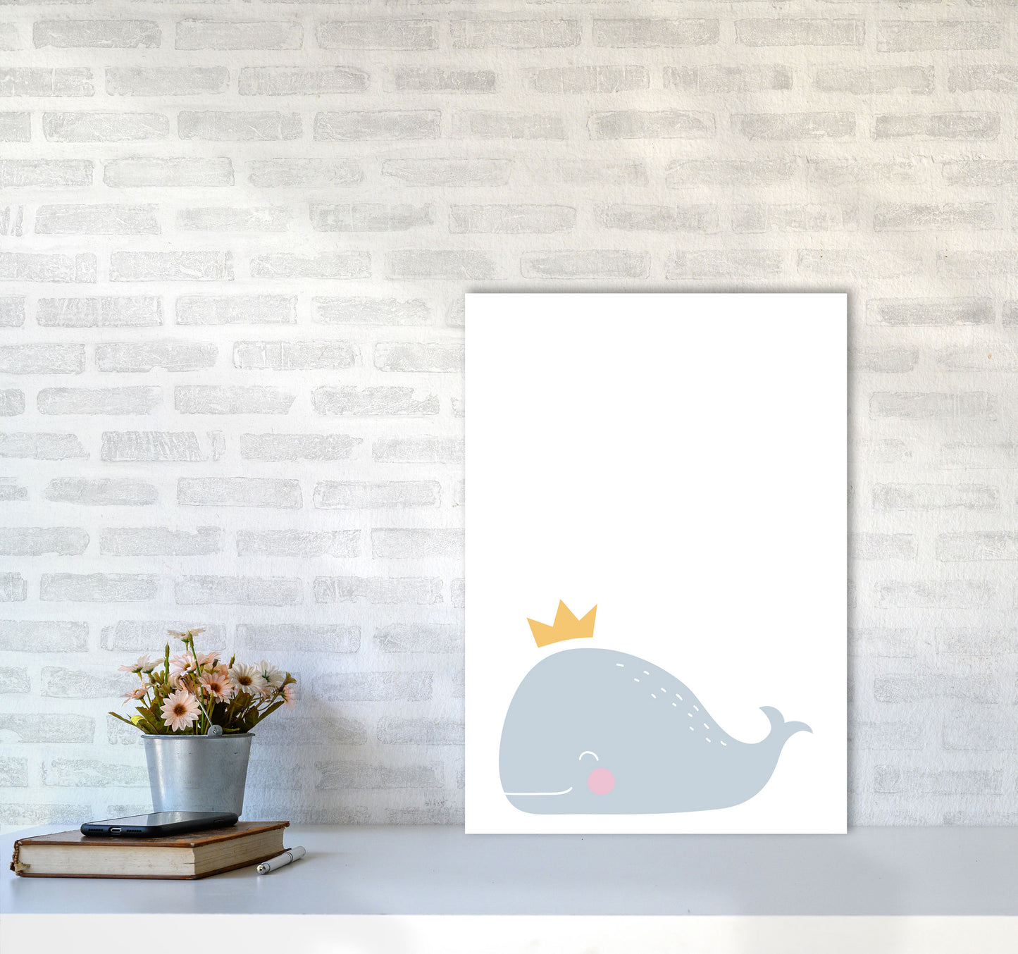 Whale With Crown Framed Nursey Wall Art Print A2 Black Frame
