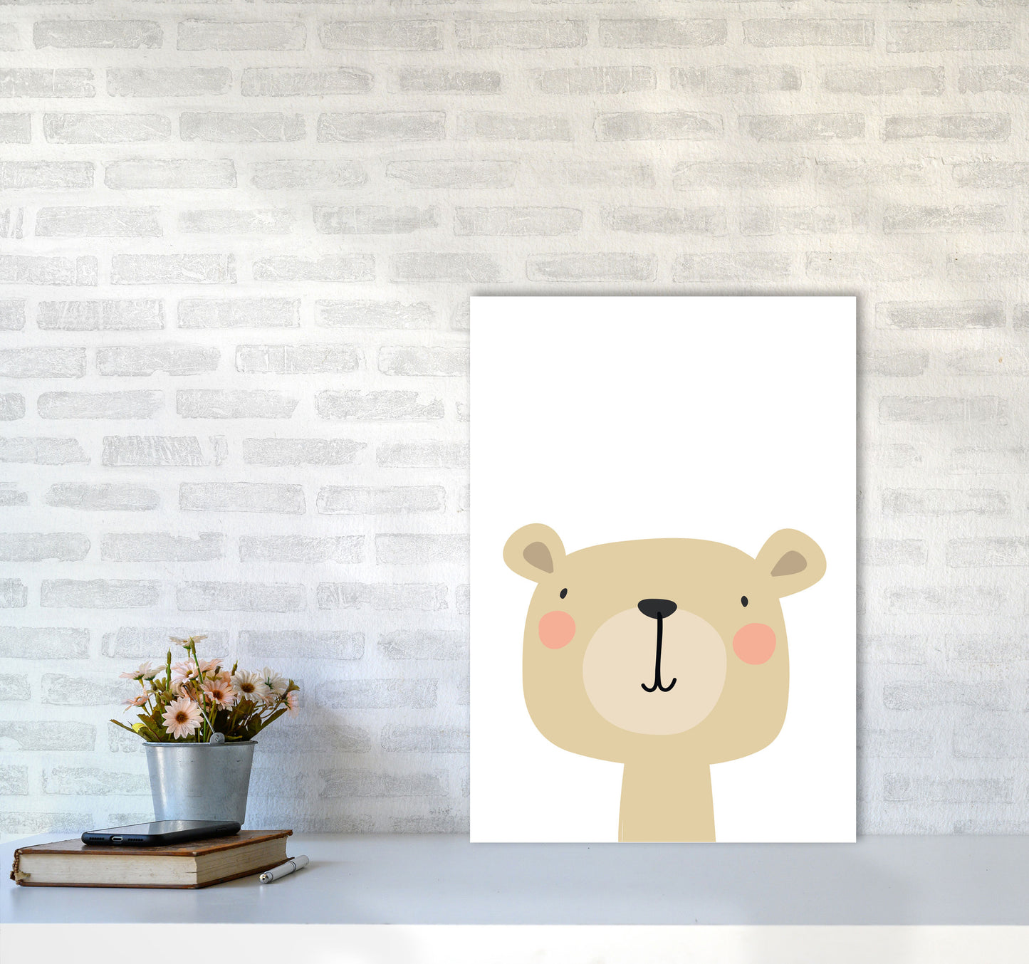 Beige Bear Modern Print Animal Art Print A2 Black Frame