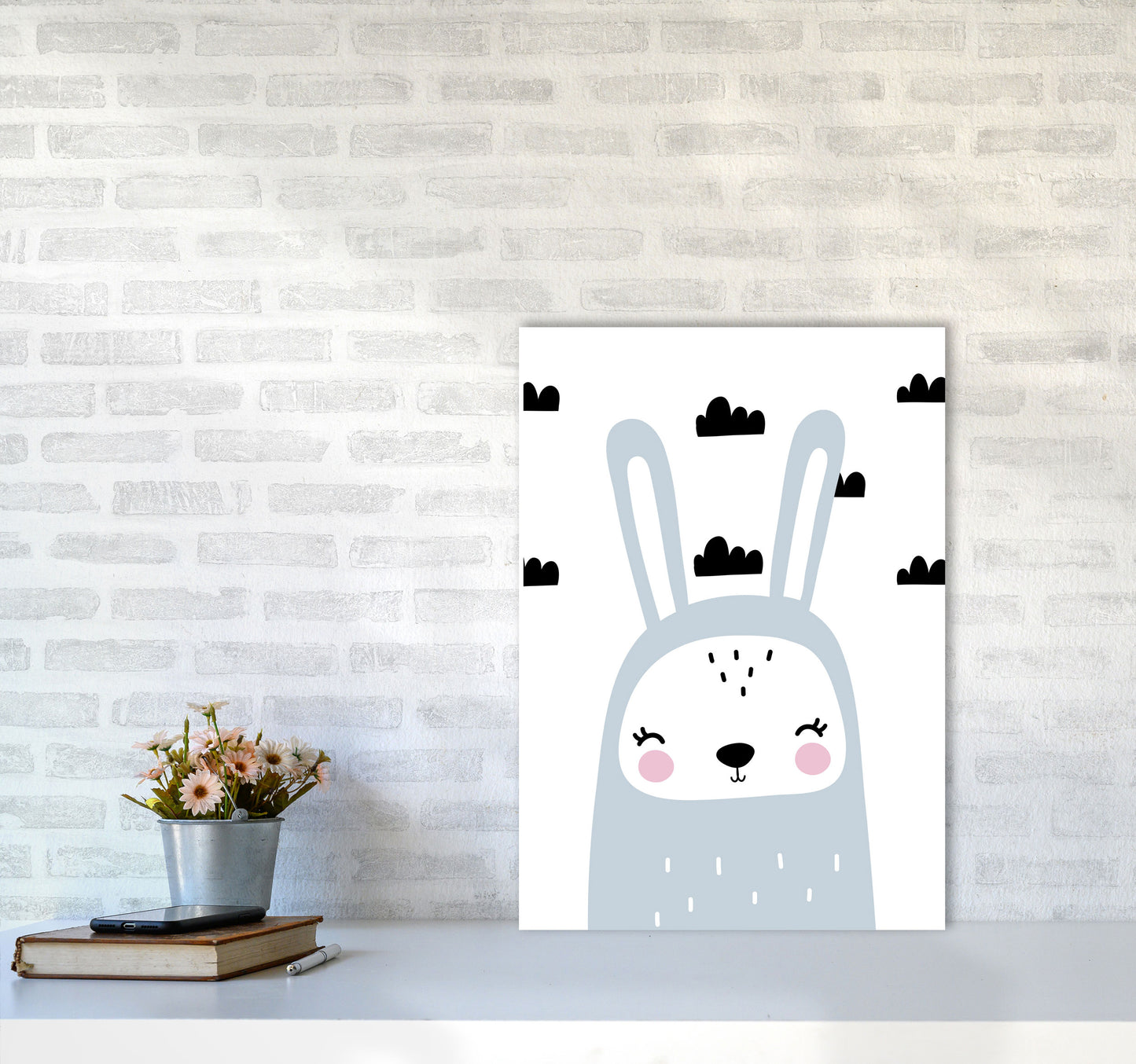 Blue Scandi Bunny With Clouds Modern Print Animal Art Print A2 Black Frame