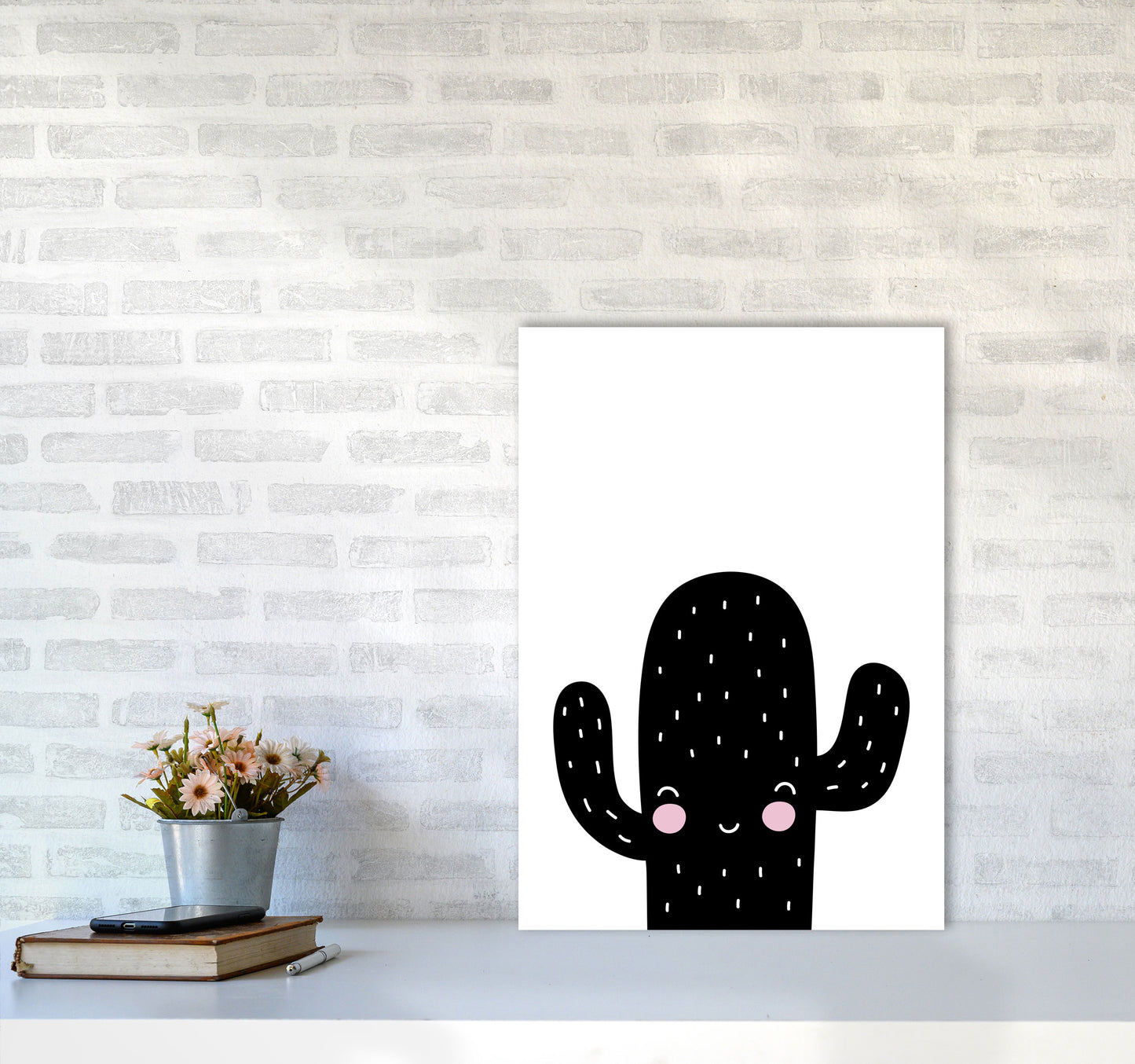 Black Scandi Cactus Modern Print, Framed Botanical & Nature Art Print A2 Black Frame