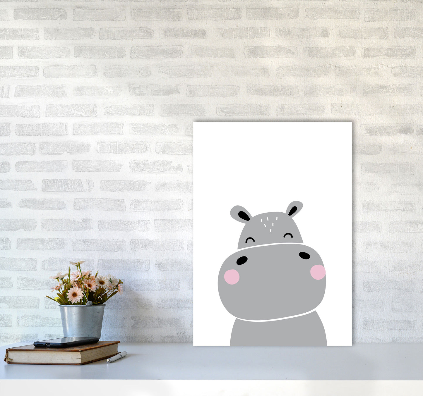 Scandi Hippo Framed Nursey Wall Art Print A2 Black Frame