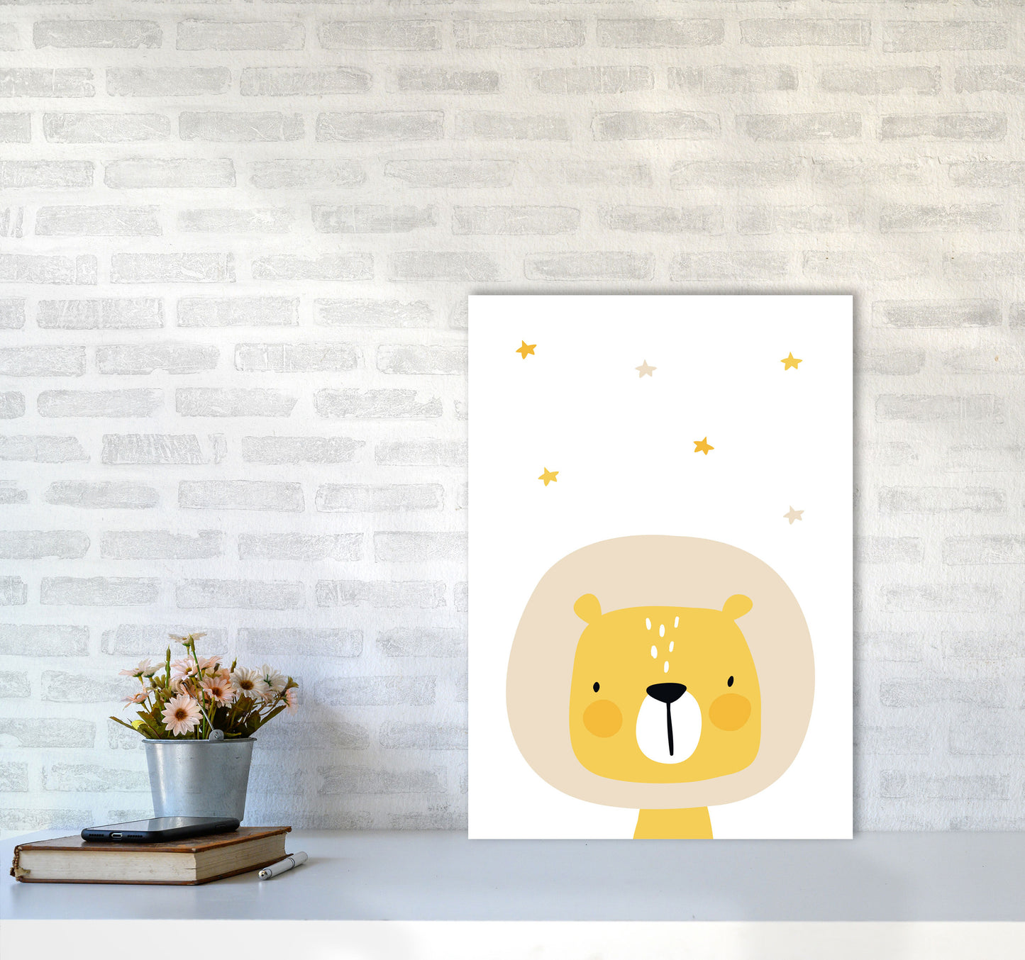 Scandi Lion And Stars Framed Nursey Wall Art Print A2 Black Frame