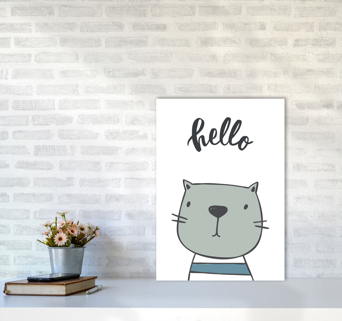 Hello Cat Modern Print Animal Art Print A2 Black Frame