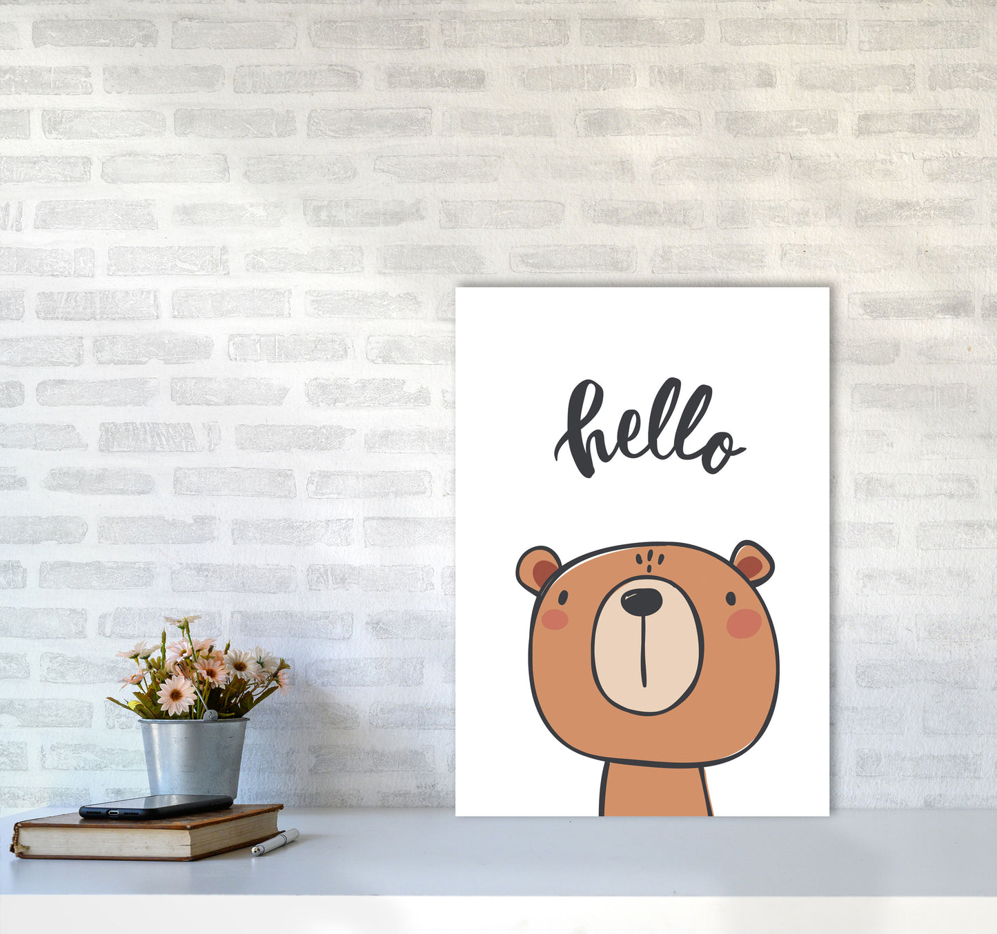 Hello Bear Modern Print Animal Art Print A2 Black Frame