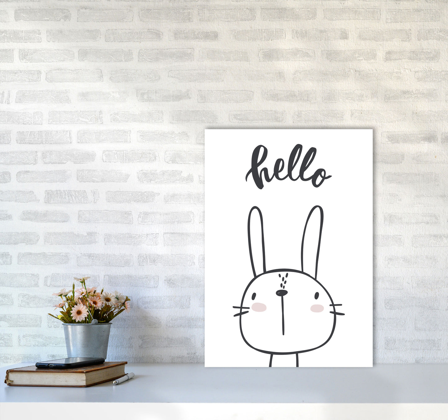 Hello Bunny Modern Print Animal Art Print A2 Black Frame