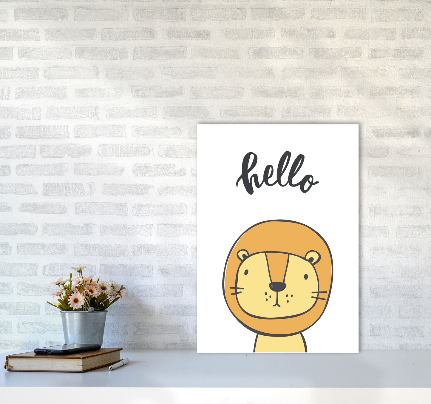 Hello Lion Modern Print Animal Art Print A2 Black Frame