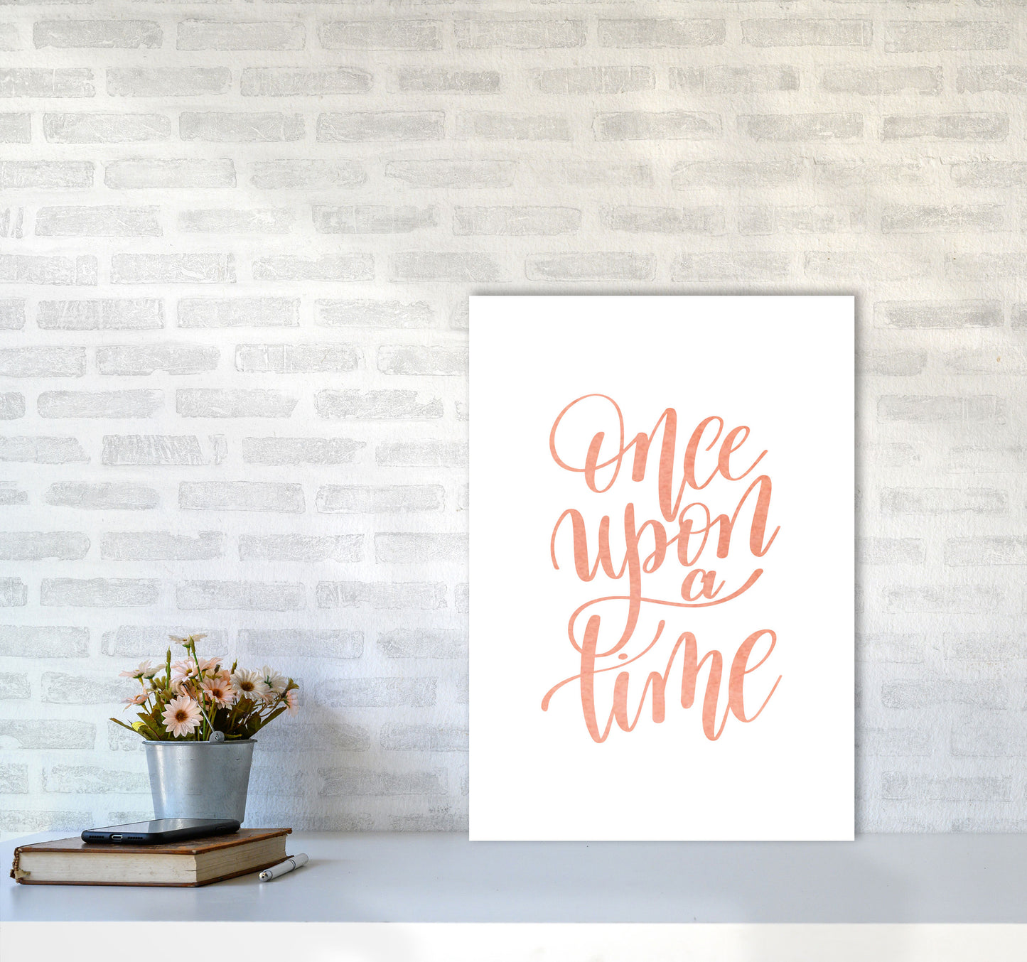 Once Upon A Time Peach Watercolour Framed Typography Wall Art Print A2 Black Frame