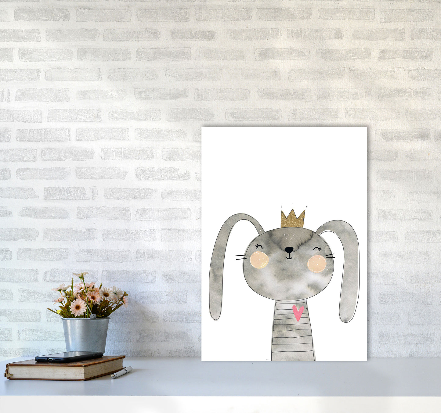 Scandi Grey Bunny Watercolour Framed Nursey Wall Art Print A2 Black Frame