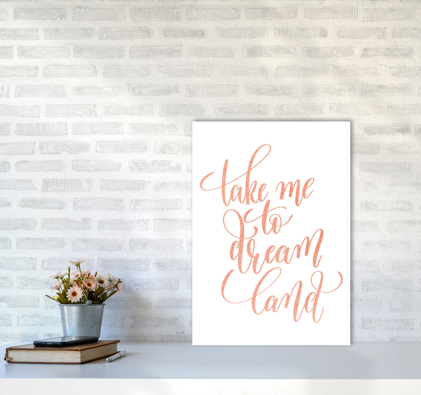 Take Me To Dreamland Peach Watercolour Modern Print A2 Black Frame