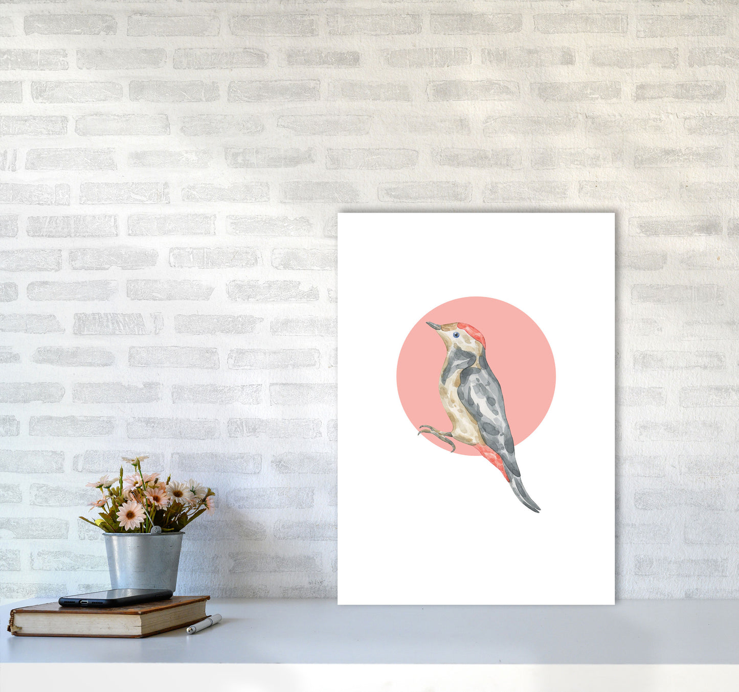 Watercolour Bird With Red Circle Modern Print Animal Art Print A2 Black Frame