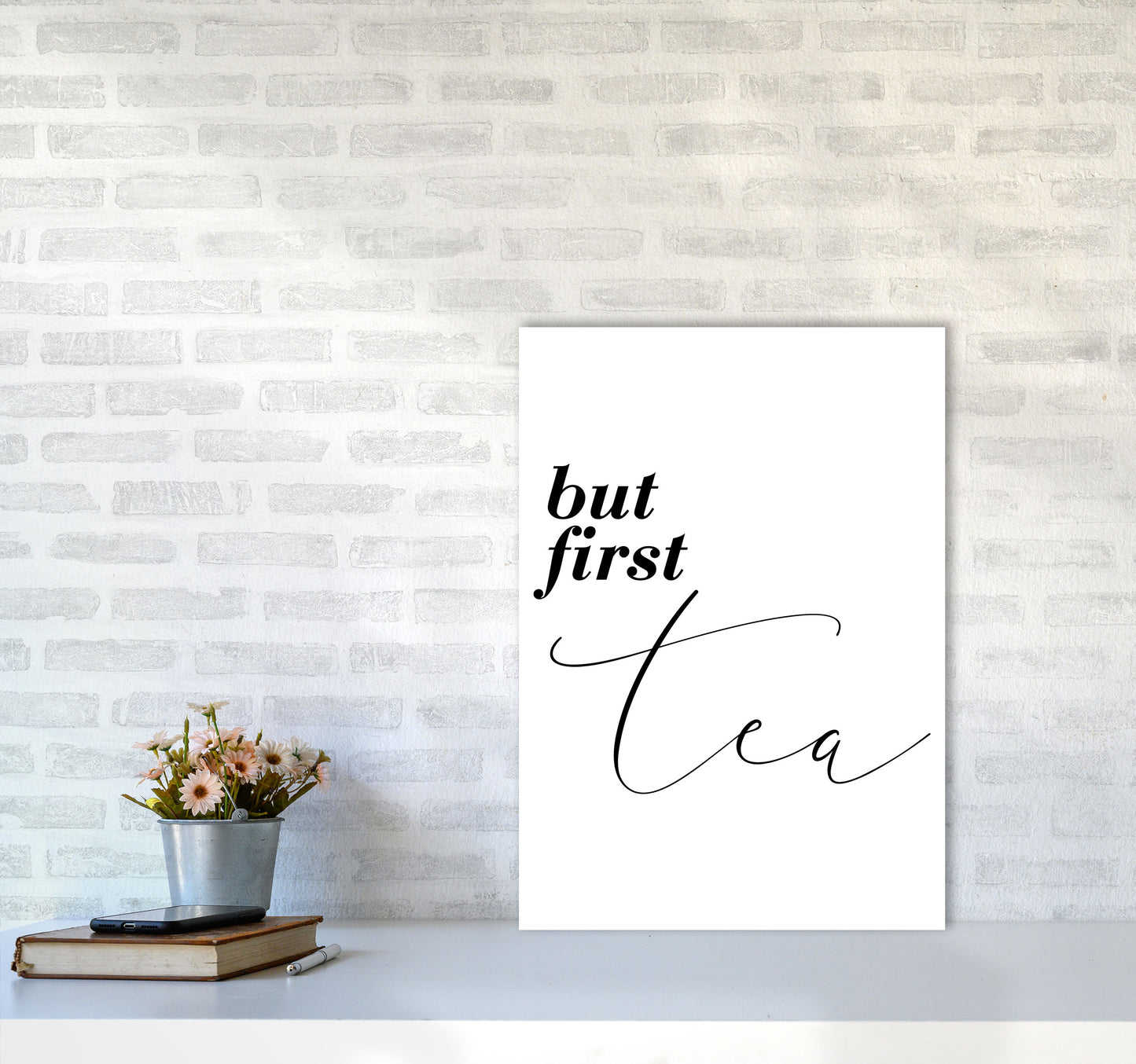 But First Tea Modern Print, Framed Kitchen Wall Art A2 Black Frame