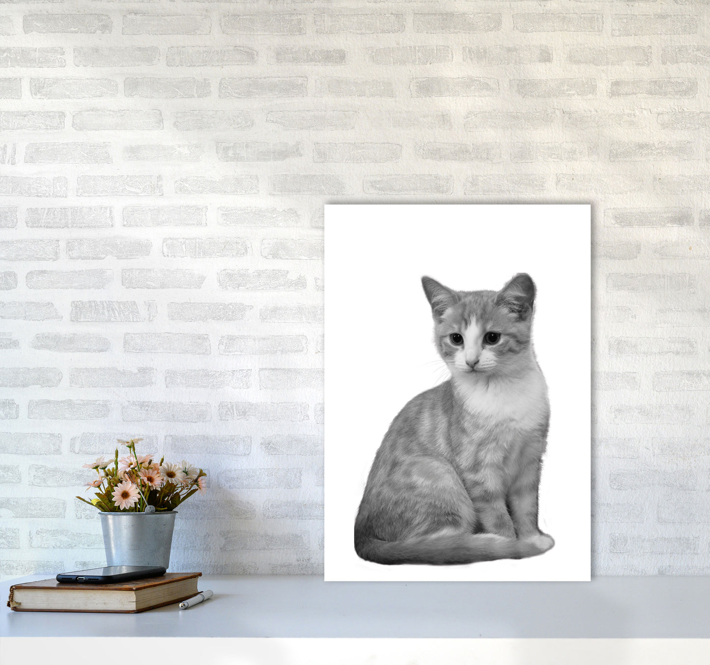 Black And White Cat Modern Print Animal Art Print A2 Black Frame