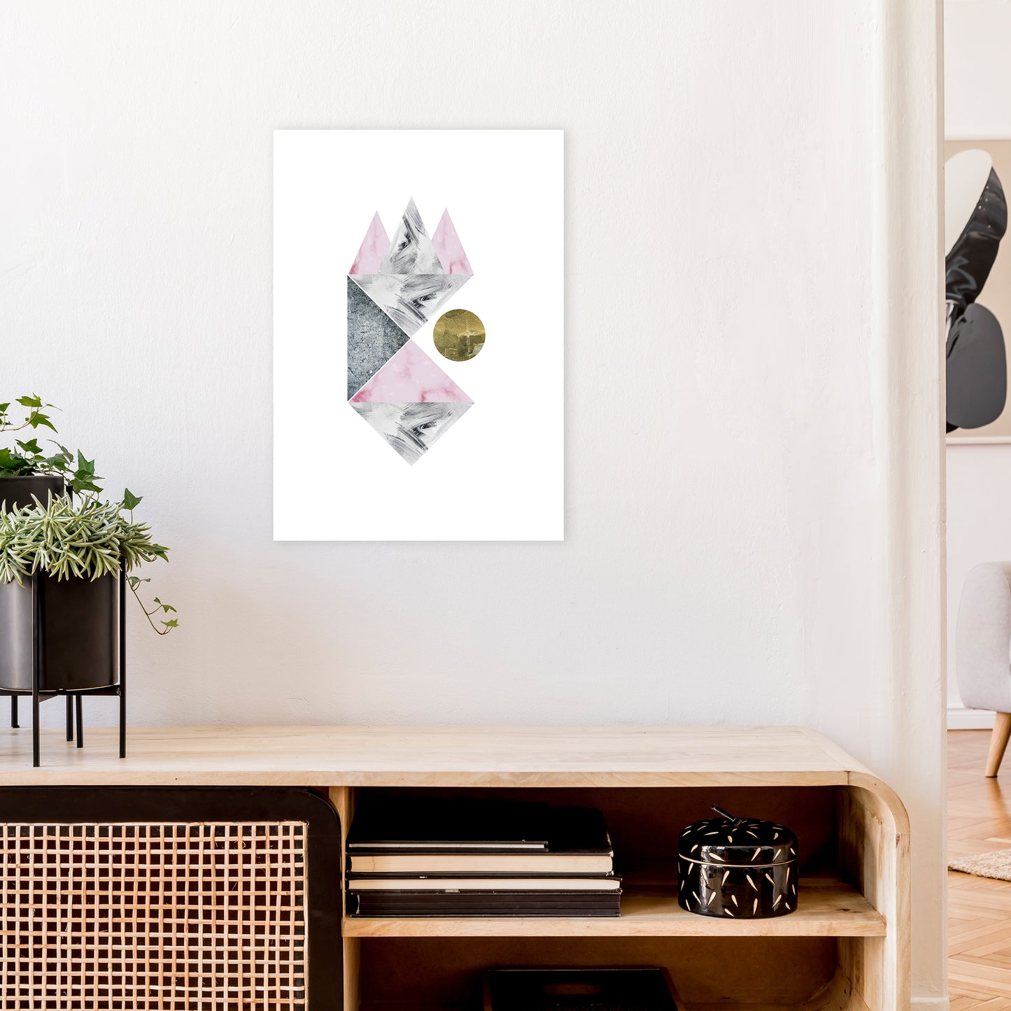 Luna Side Moon Pink And Grey Triangles Abstract Art Print by Pixy Paper A2 Black Frame