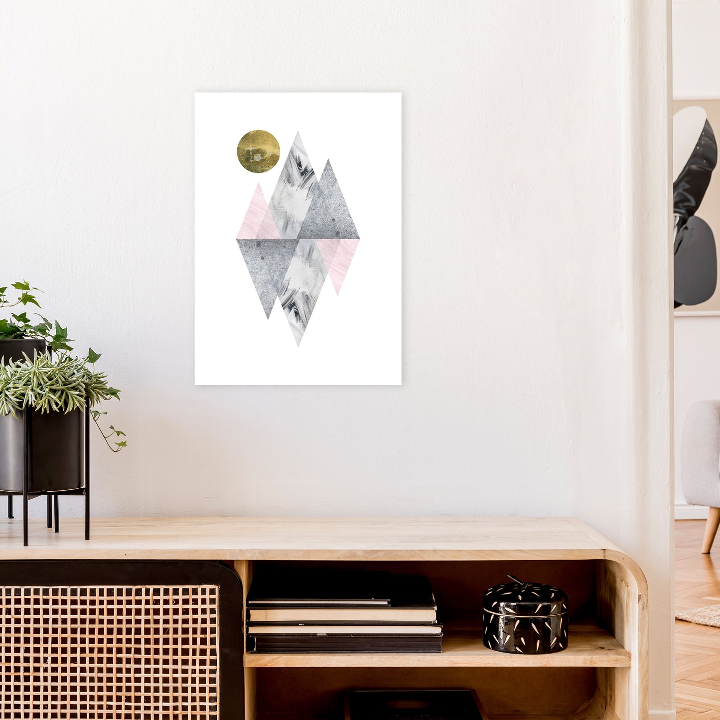 Luna Pink And Grey Diamonds With Gold Moon Art Print by Pixy Paper A2 Black Frame