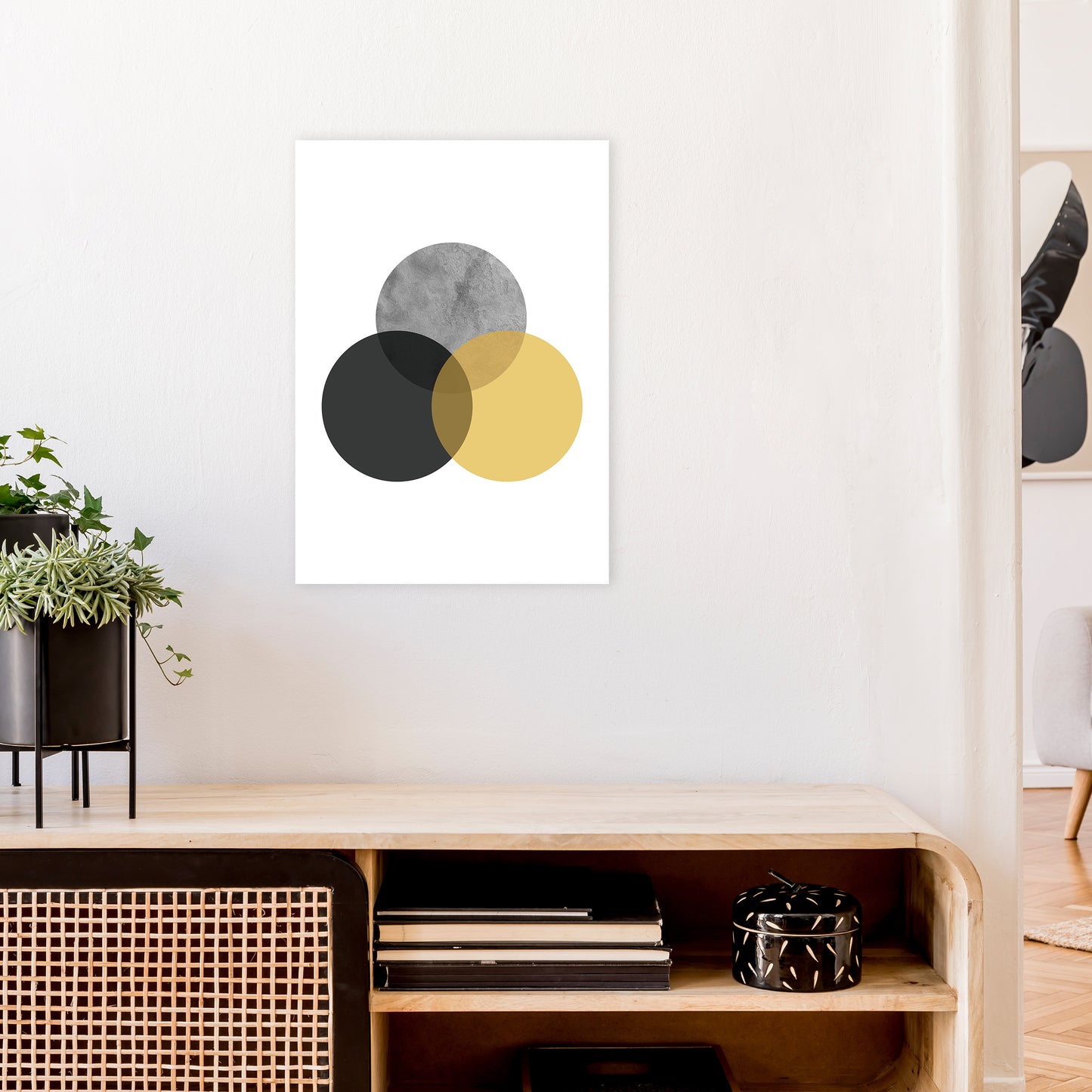 Geometric Mustard And Black Circles Art Print by Pixy Paper A2 Black Frame