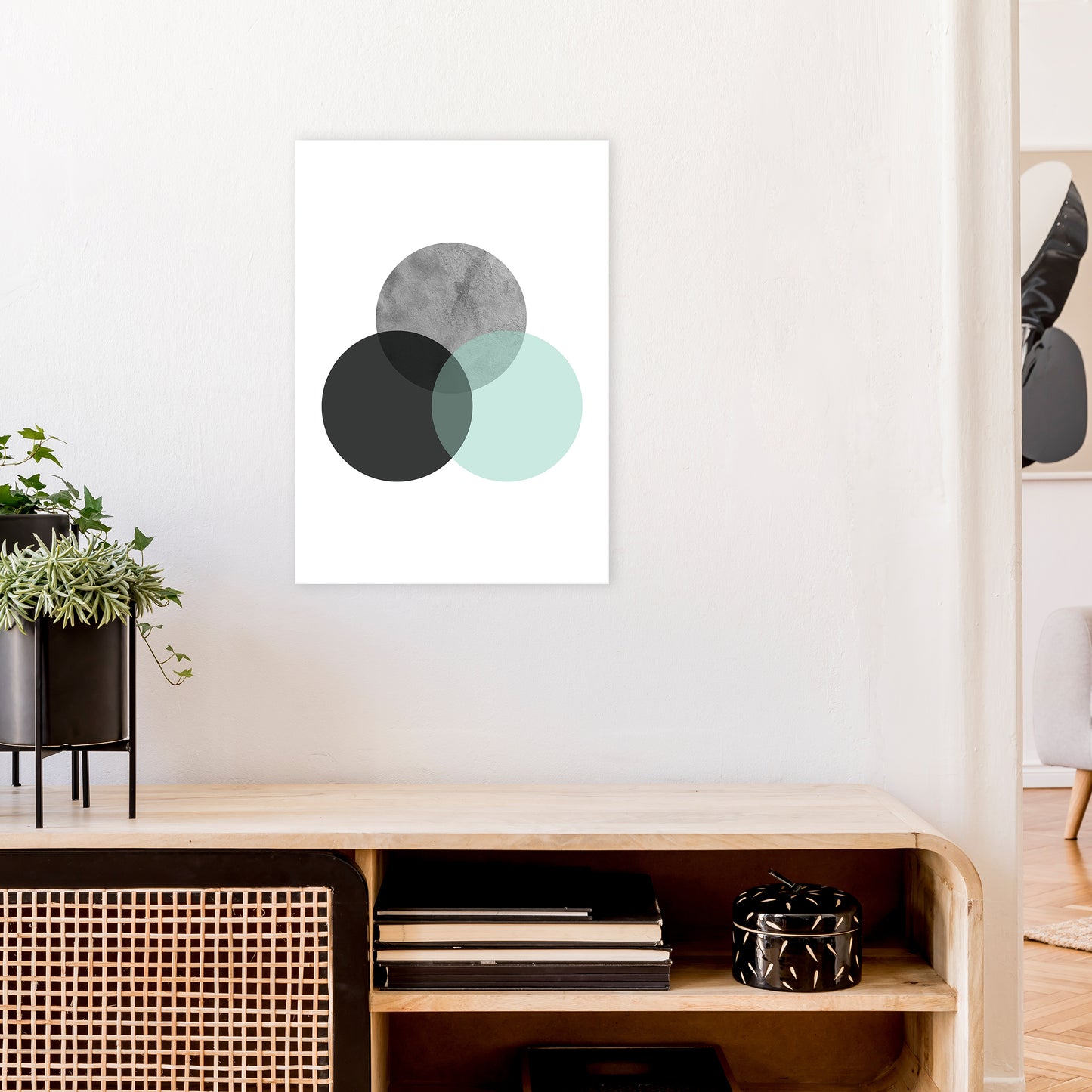 Geometric Mint And Black Circles Art Print by Pixy Paper A2 Black Frame