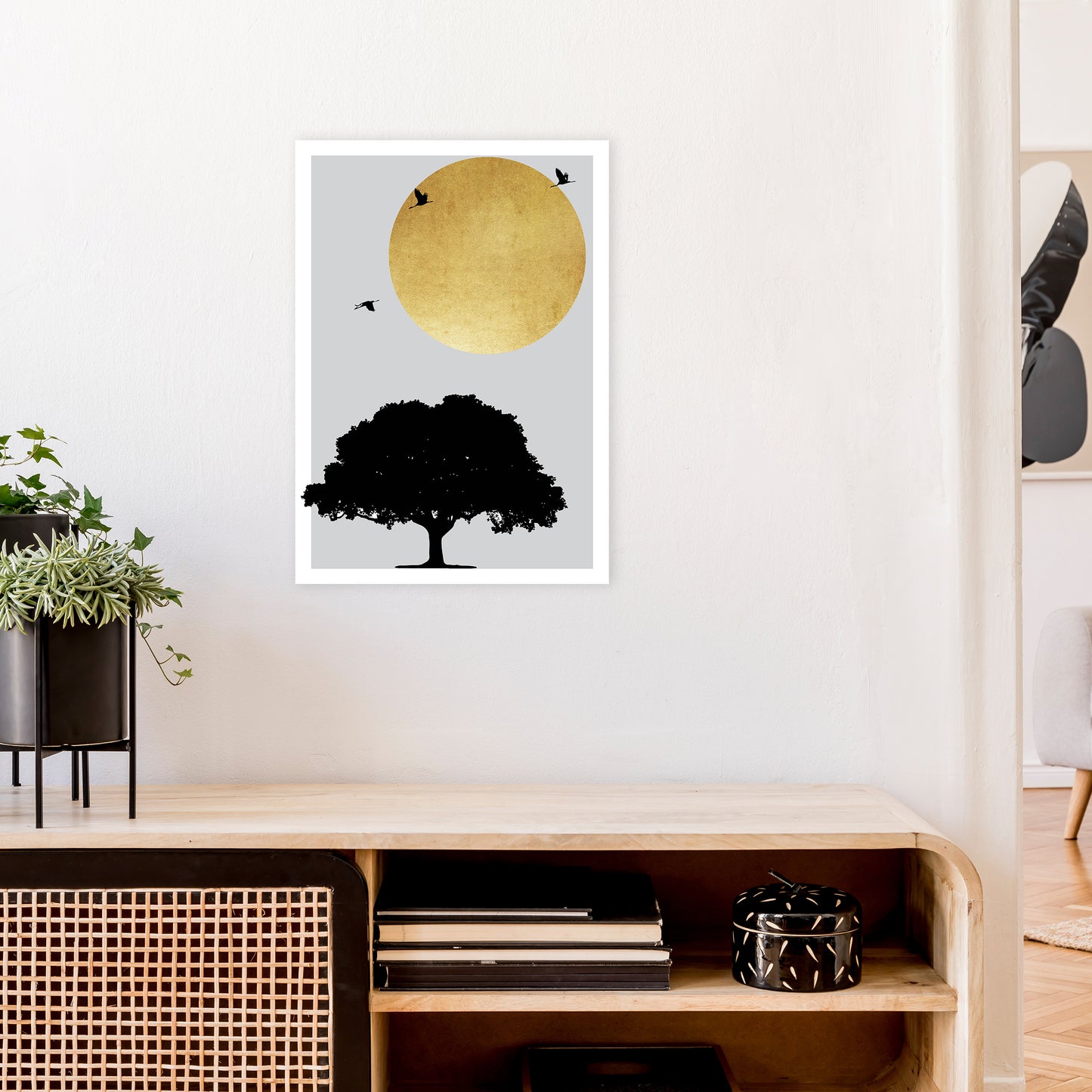 Gold Sun And Tree Abstract Art Print by Pixy Paper A2 Black Frame
