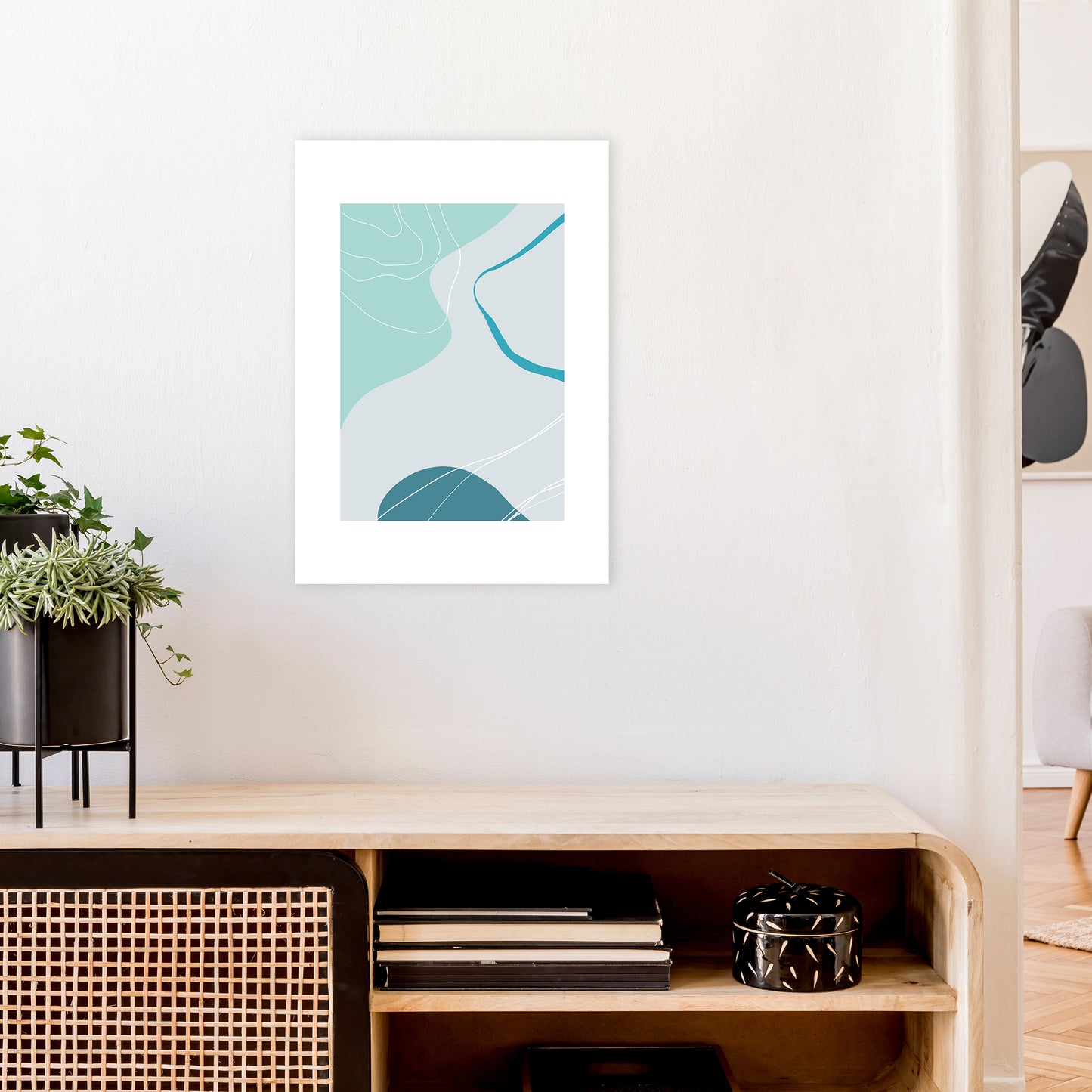 Mita Teal Abstract N17 Art Print by Pixy Paper A2 Black Frame