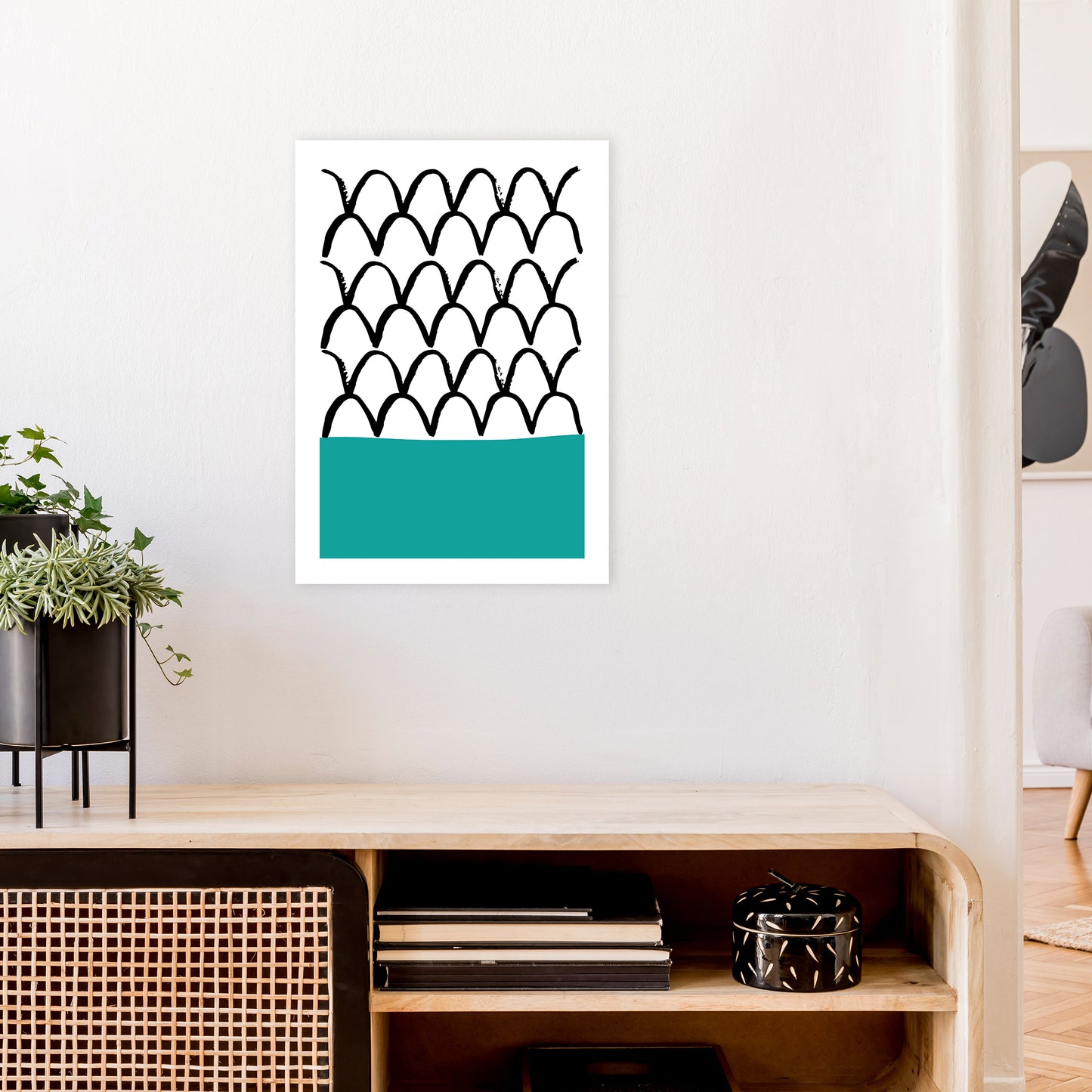 Teal Fishscales Neon Funk Art Print by Pixy Paper A2 Black Frame