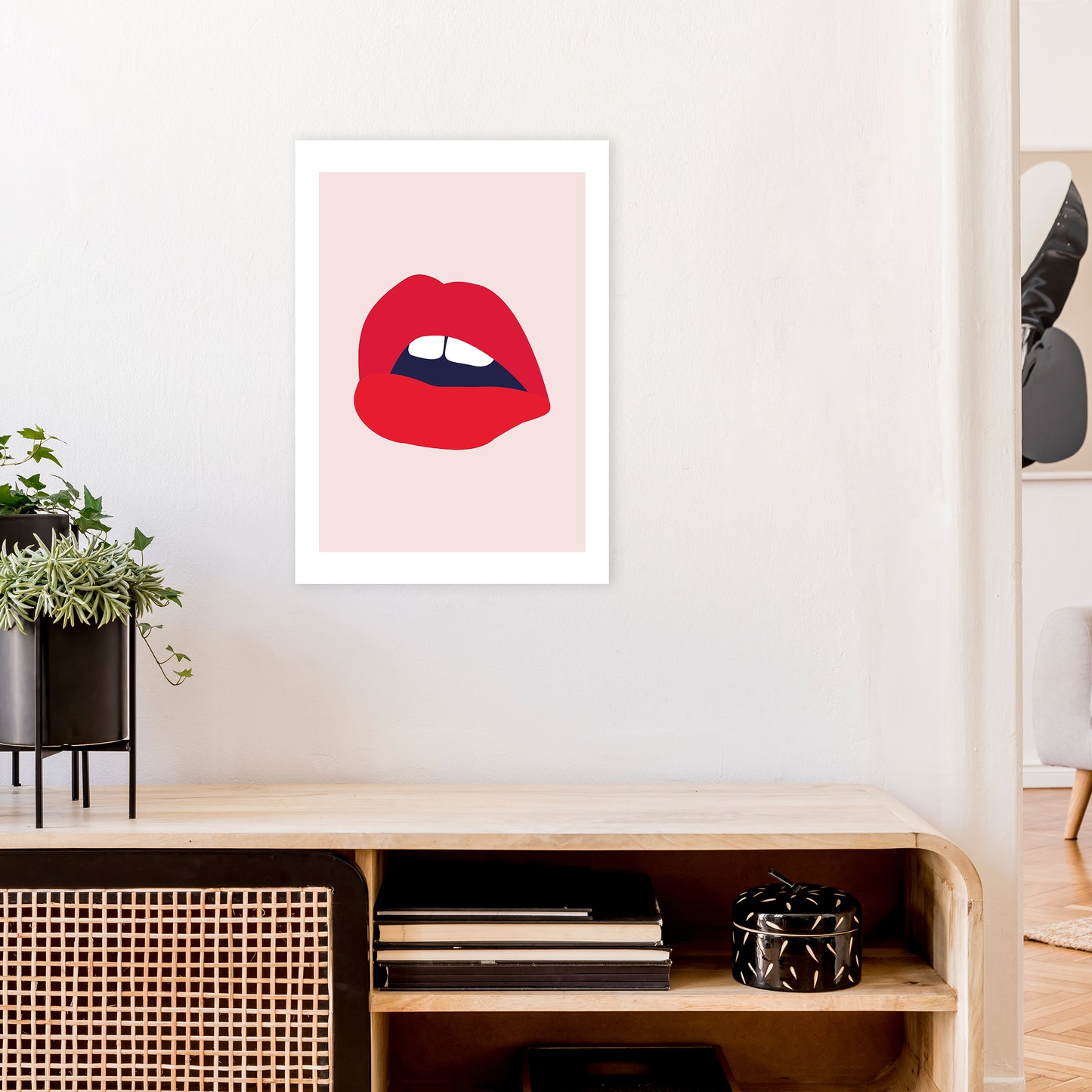Red Lips Salmon Back Art Print by Pixy Paper A2 Black Frame