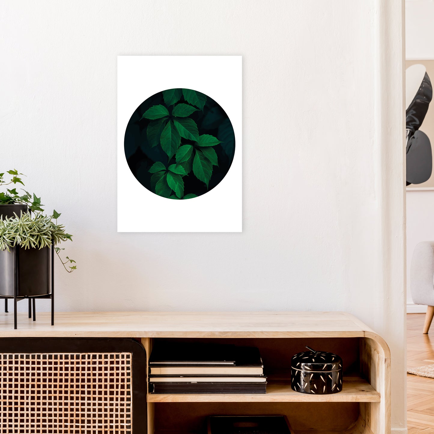Deep Green Leaf Circle Art Print by Pixy Paper A2 Black Frame
