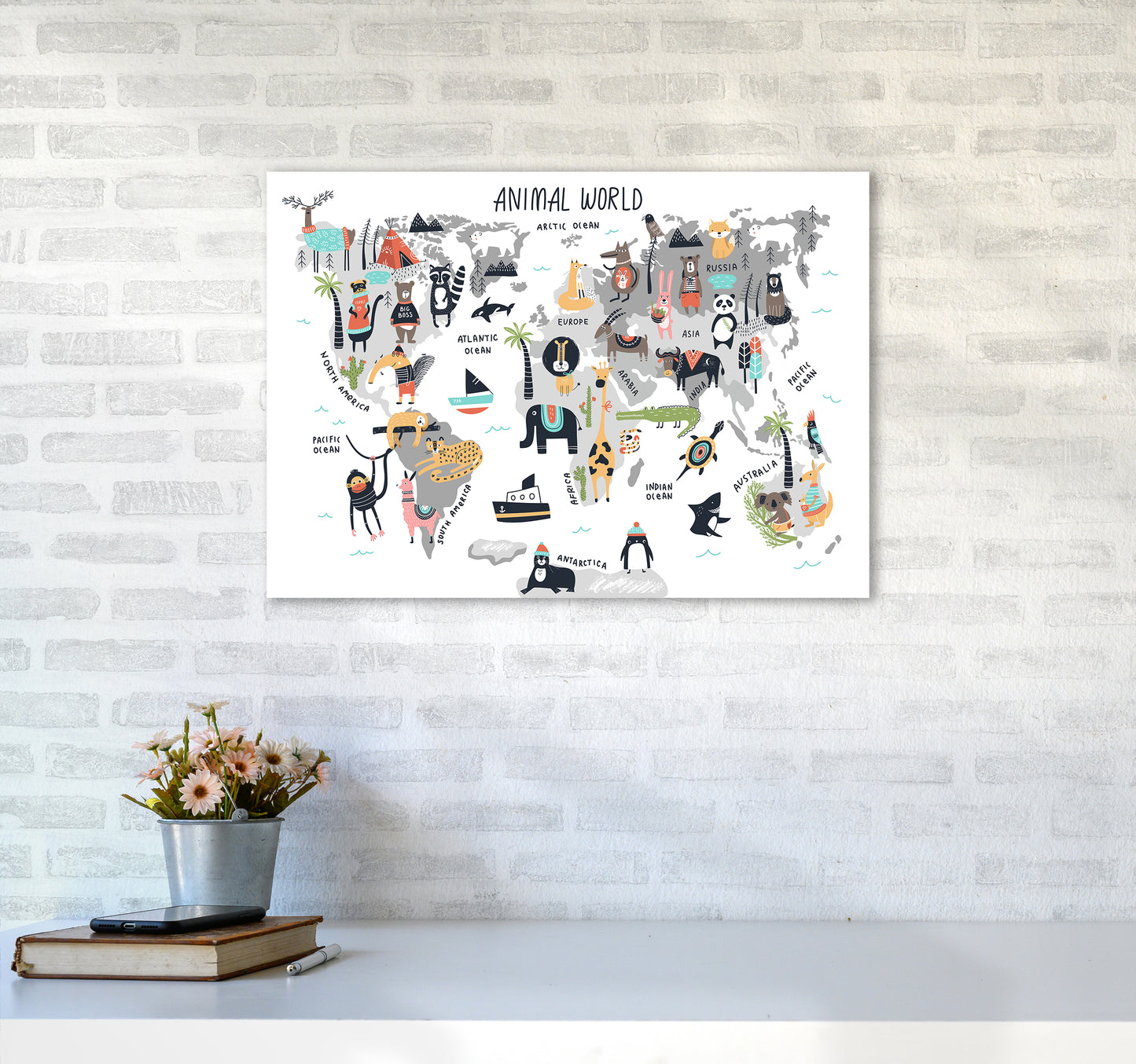 Animal World Map Art Print by Pixy Paper A2 Black Frame